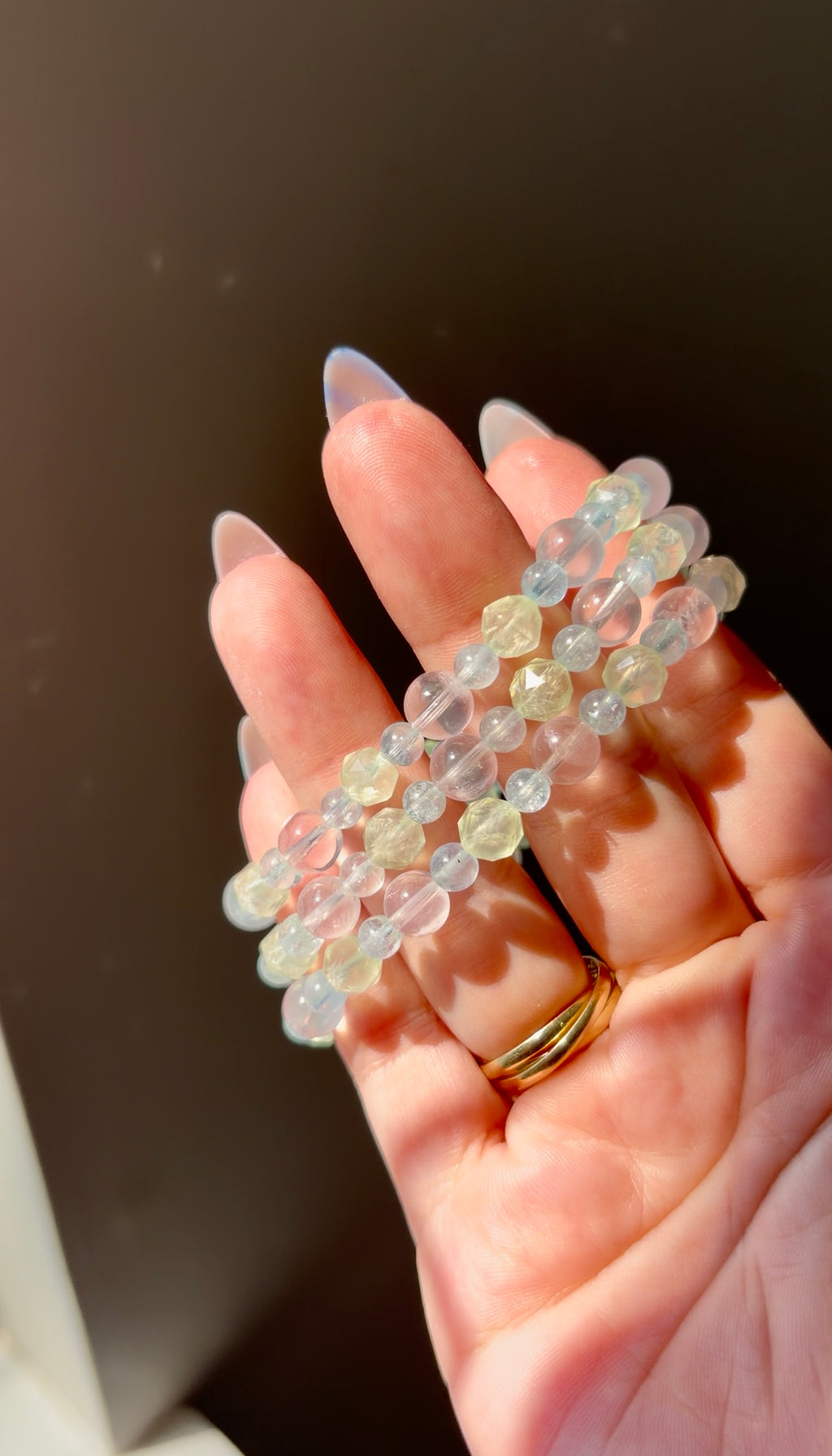 Prehnite, Rose Quartz & Aquamarine Beaded Bracelet