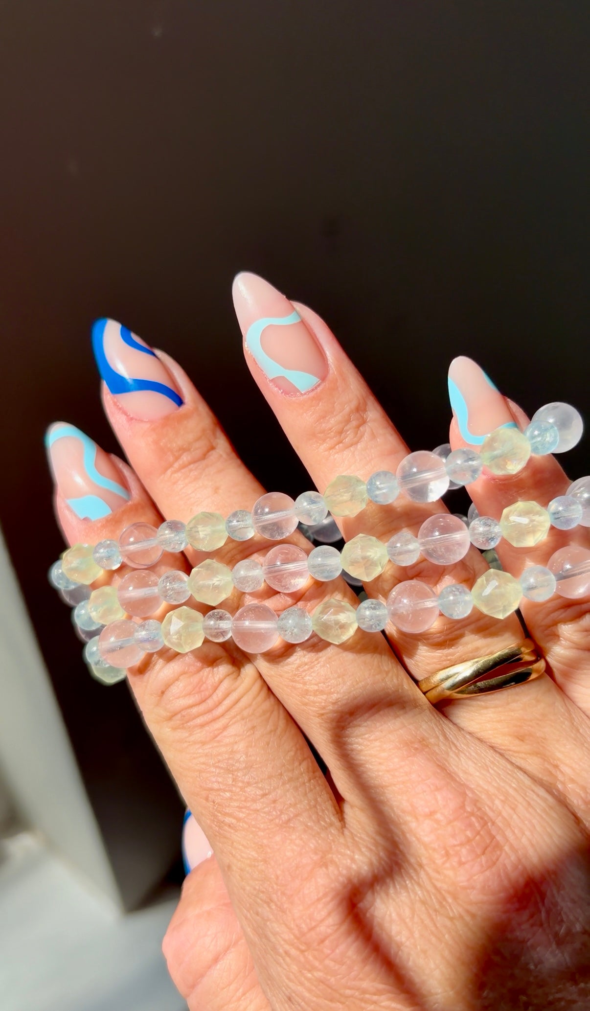Prehnite, Rose Quartz & Aquamarine Beaded Bracelet