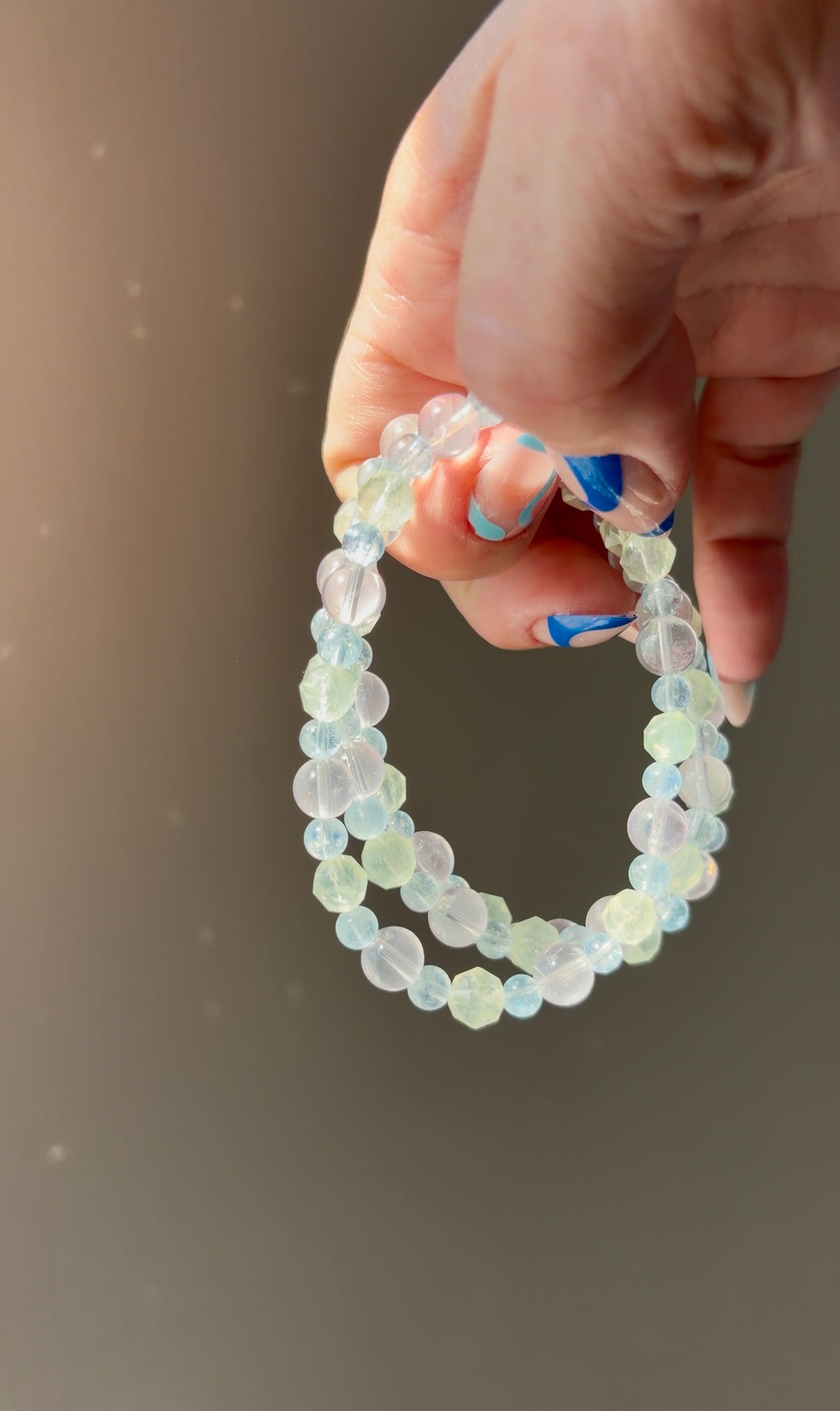 Prehnite, Rose Quartz & Aquamarine Beaded Bracelet