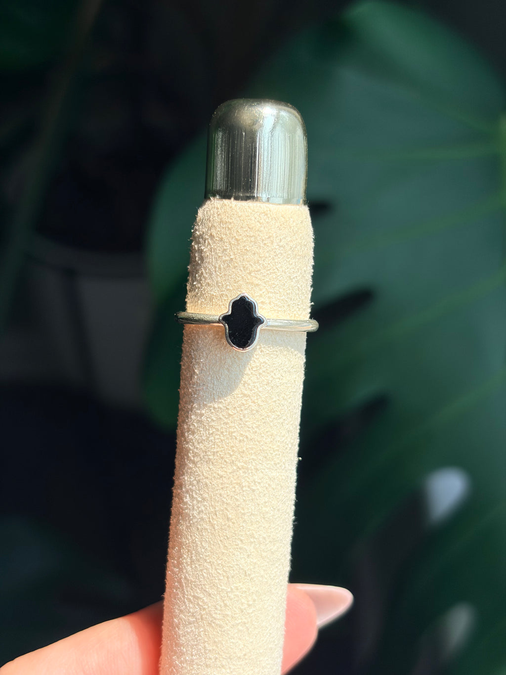 Sterling Silver Black Tourmaline Hamsa Ring .925 Size 4, 6 & 7