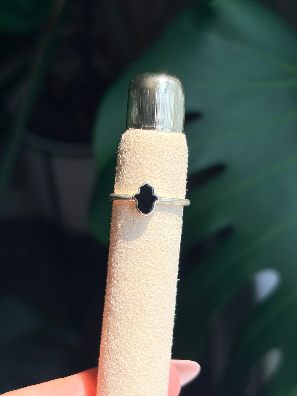 Sterling Silver Black Tourmaline Hamsa Ring .925 Size 4, 6 & 7