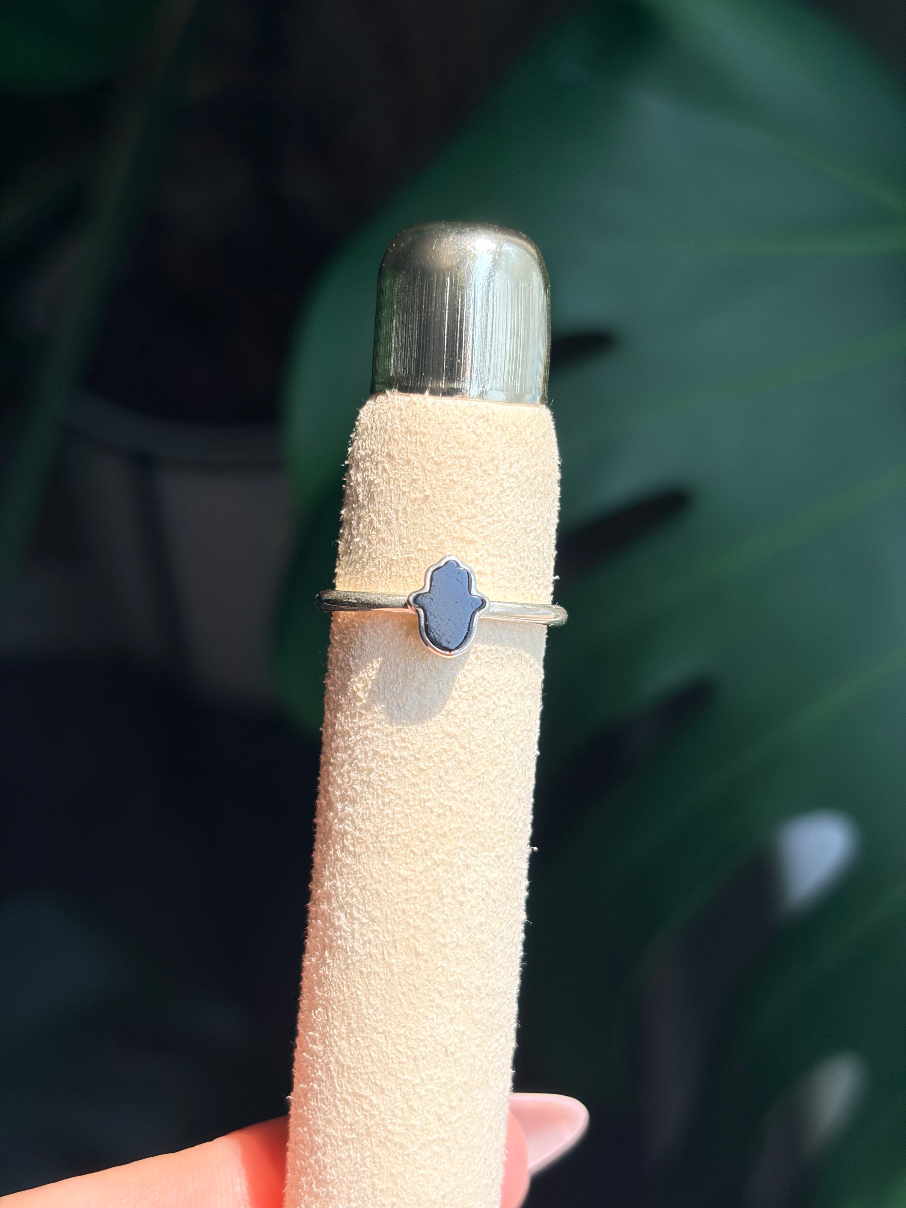 Sterling Silver Black Tourmaline Hamsa Ring .925 Size 4, 6 & 7