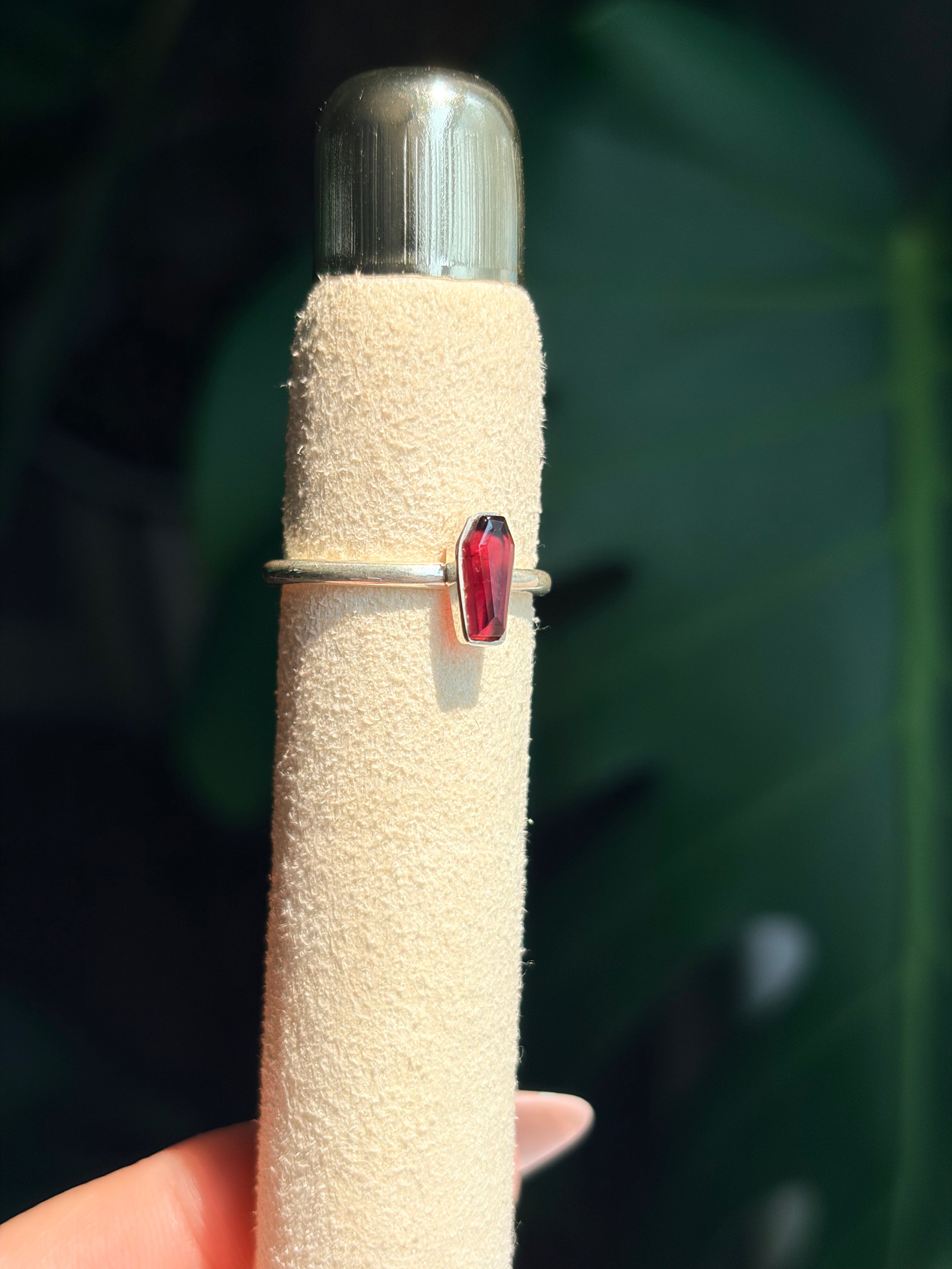 Sterling Silver Garnet Coffin Ring .925 Silver Sizes 4 & 6