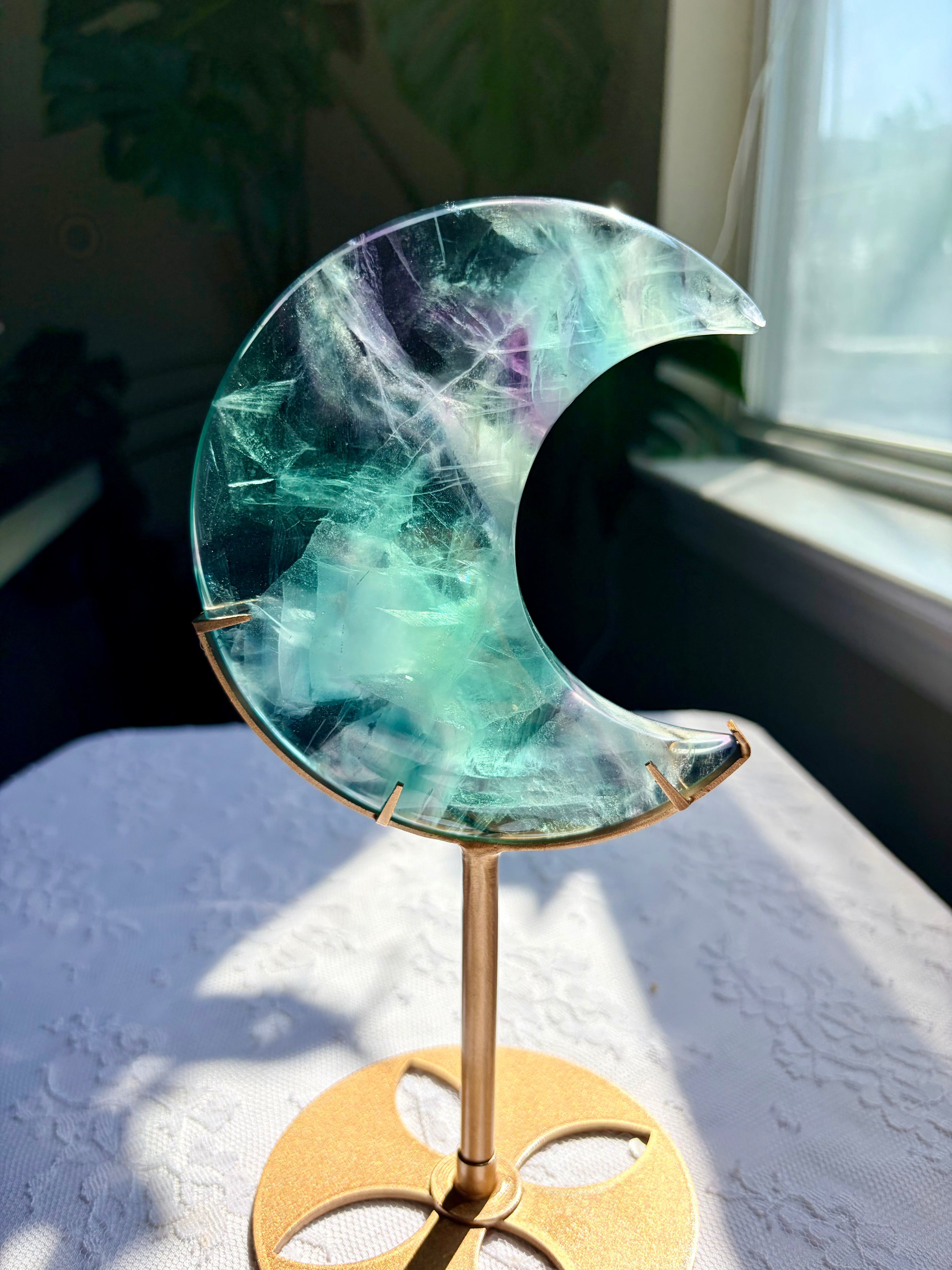 Rainbow Fluorite Moon on Gold Stand