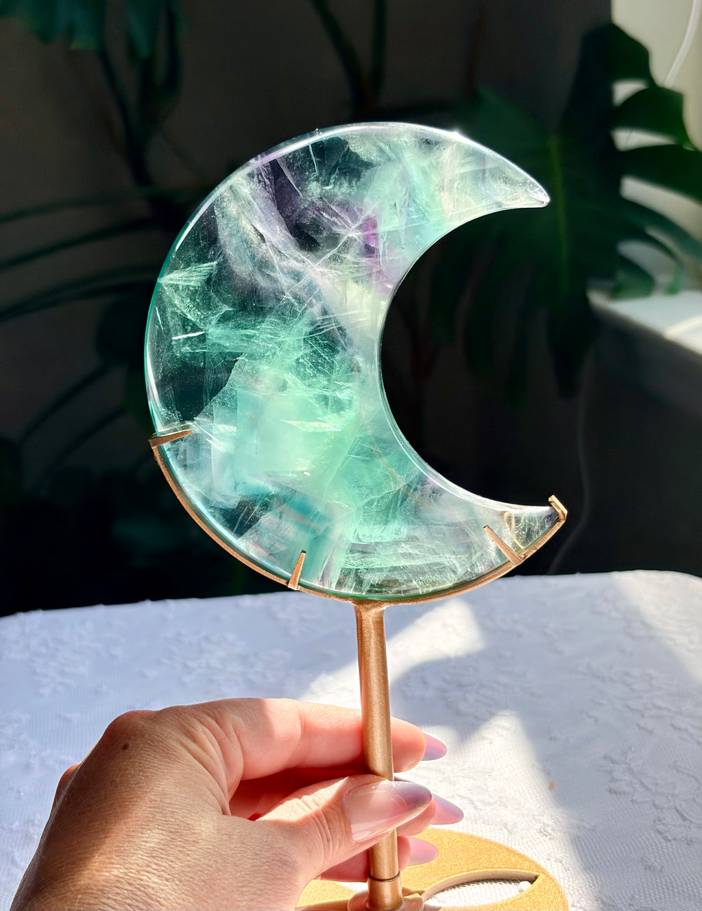 Rainbow Fluorite Moon on Gold Stand
