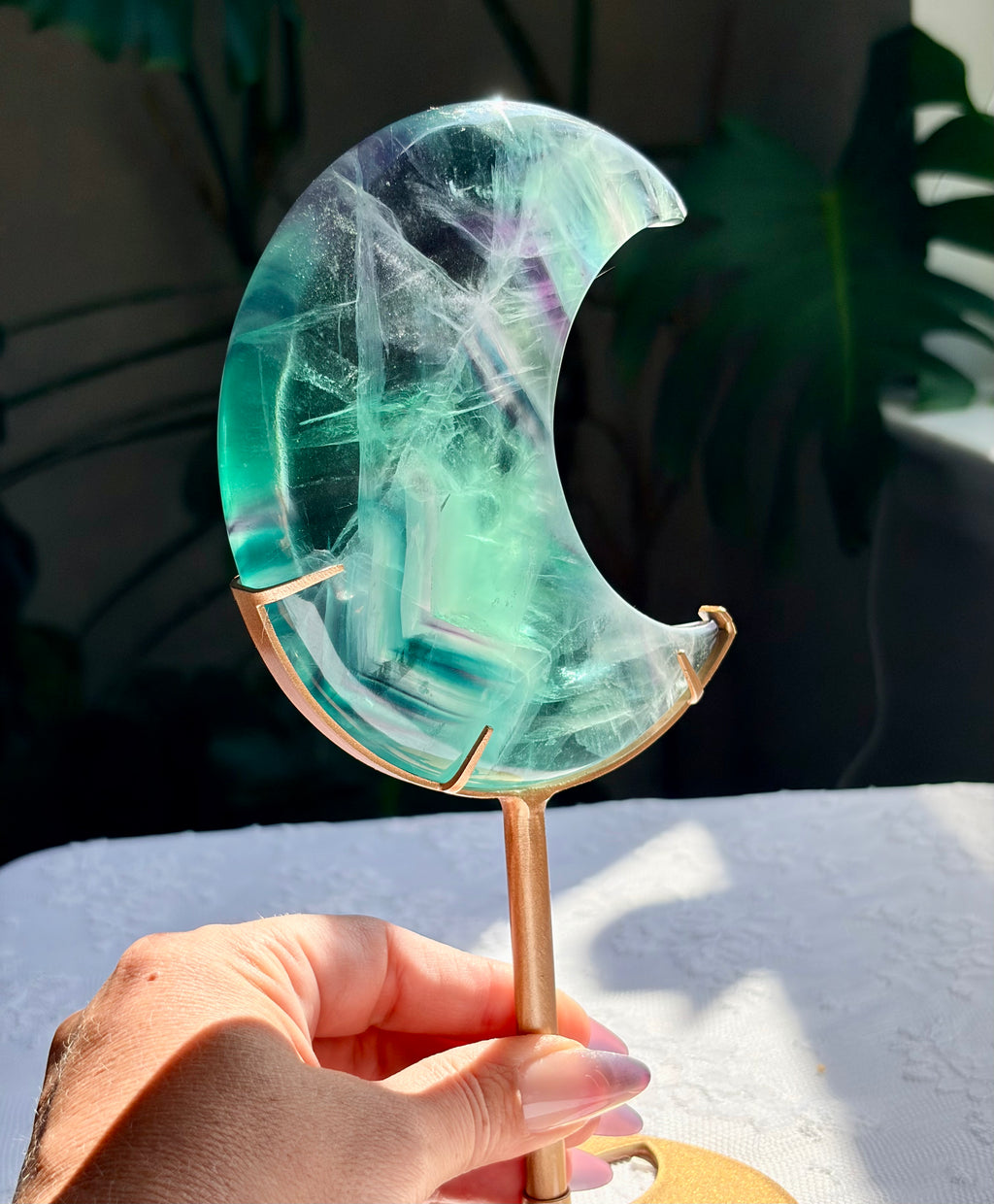 Rainbow Fluorite Moon on Gold Stand
