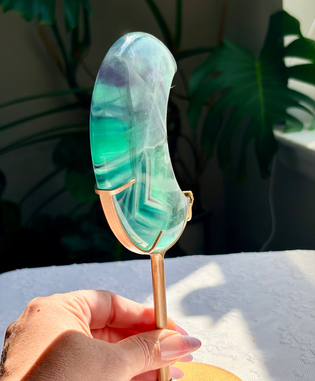Rainbow Fluorite Moon on Gold Stand
