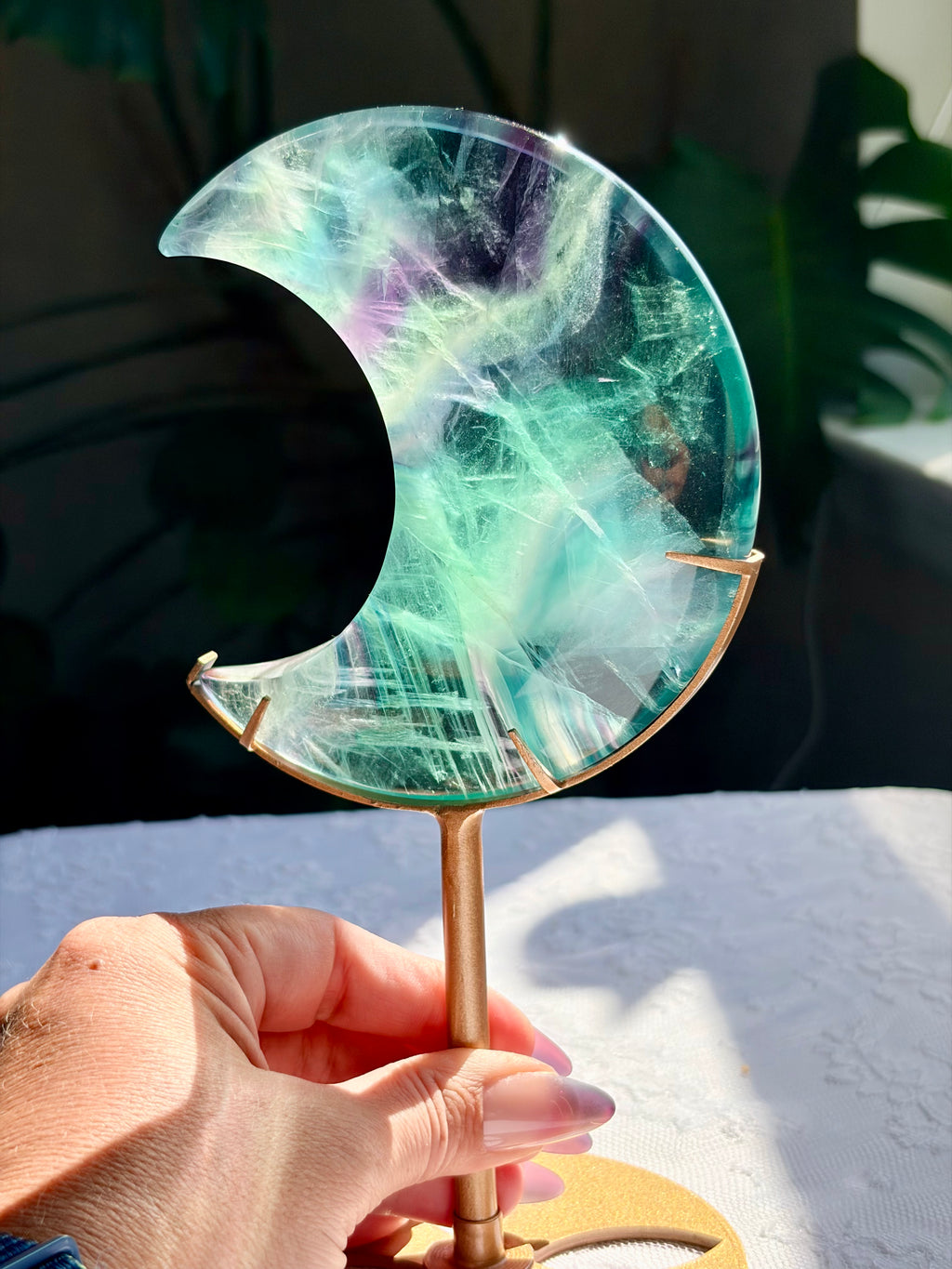 Rainbow Fluorite Moon on Gold Stand