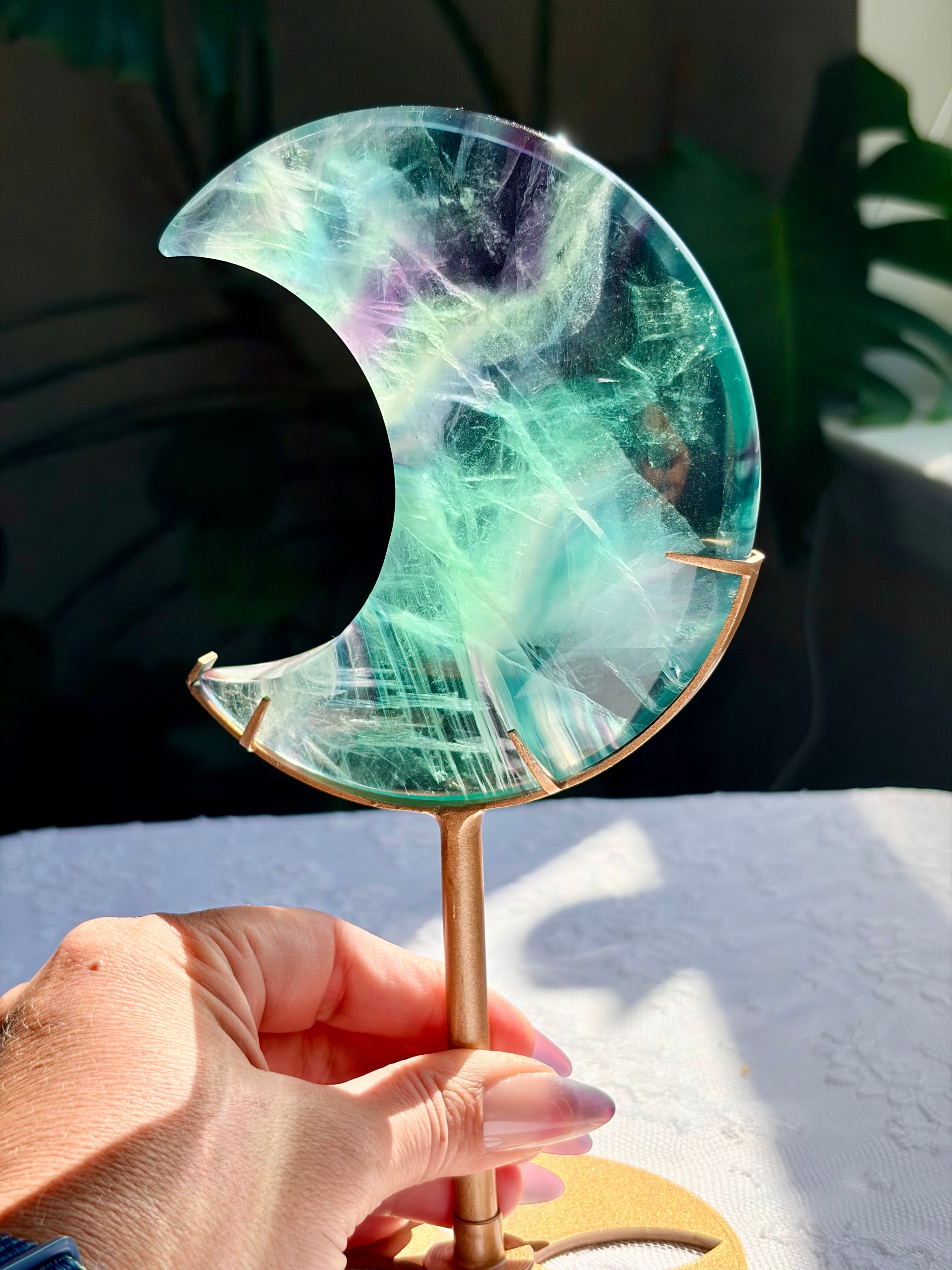 Rainbow Fluorite Moon on Gold Stand
