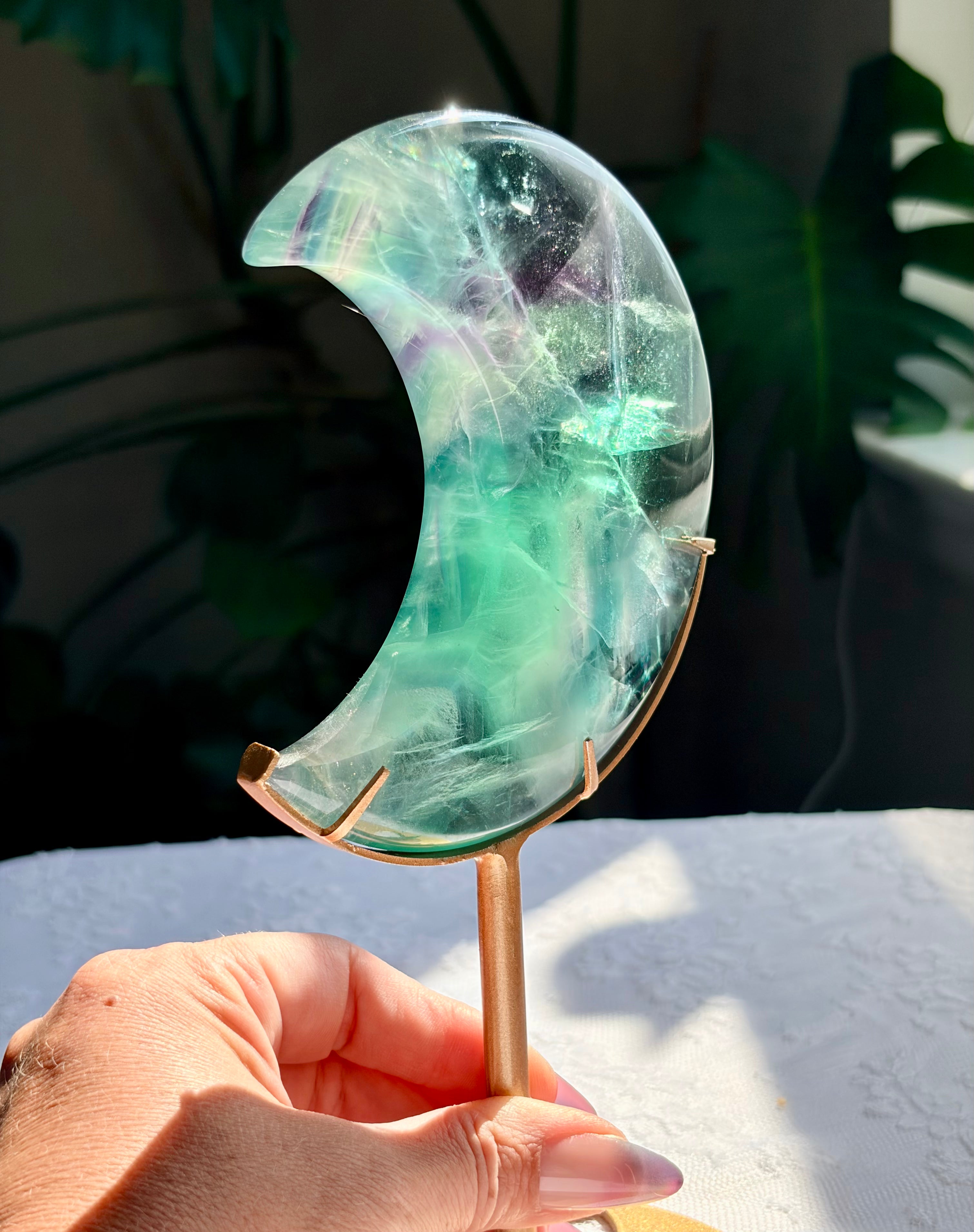 Rainbow Fluorite Moon on Gold Stand