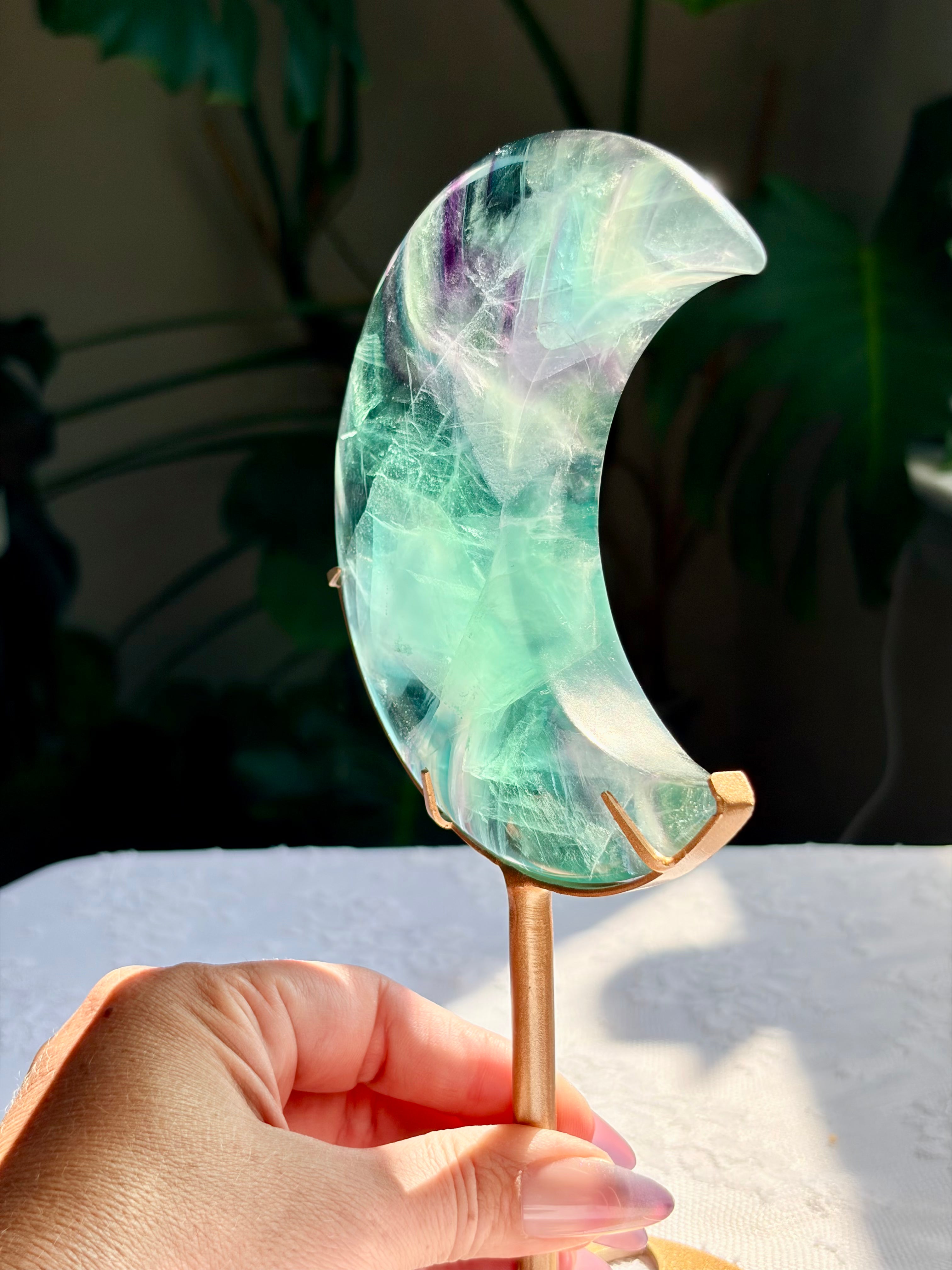 Rainbow Fluorite Moon on Gold Stand