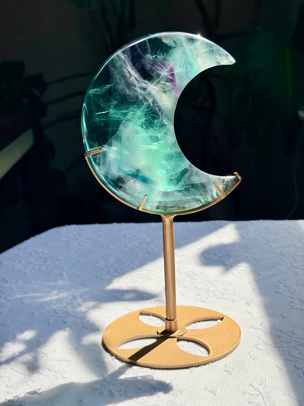 Rainbow Fluorite Moon on Gold Stand
