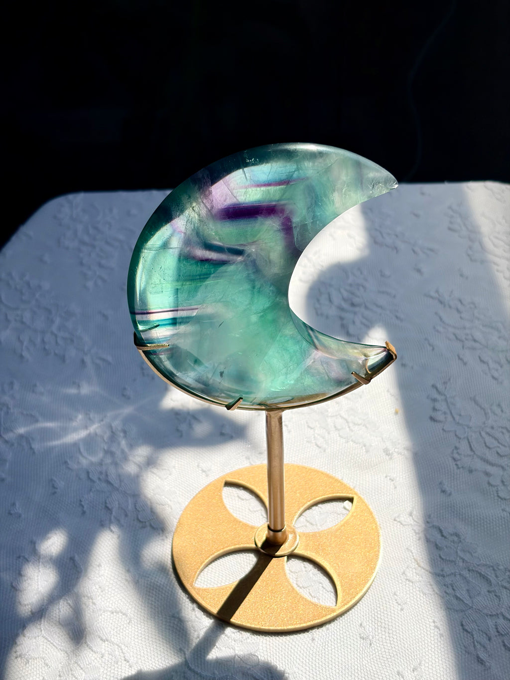 Rainbow Fluorite Moon on Gold Stand