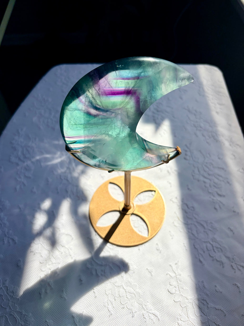 Rainbow Fluorite Moon on Gold Stand
