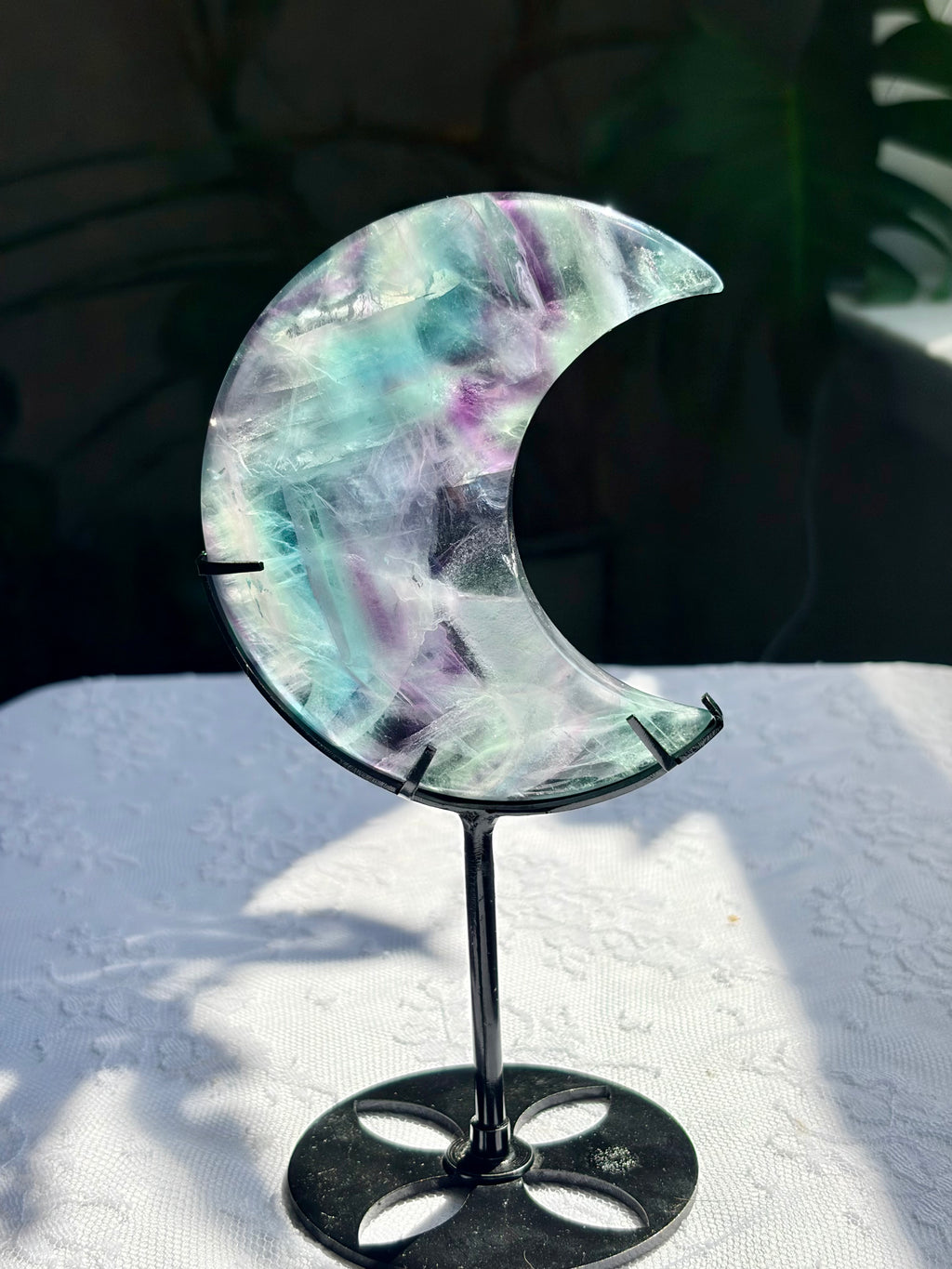 Rainbow Fluorite Moon on Black Stand