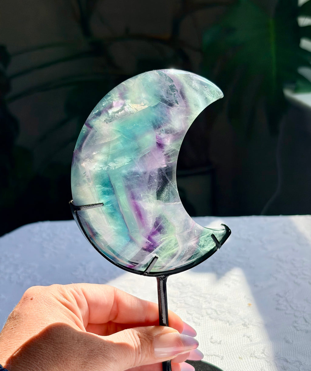 Rainbow Fluorite Moon on Black Stand
