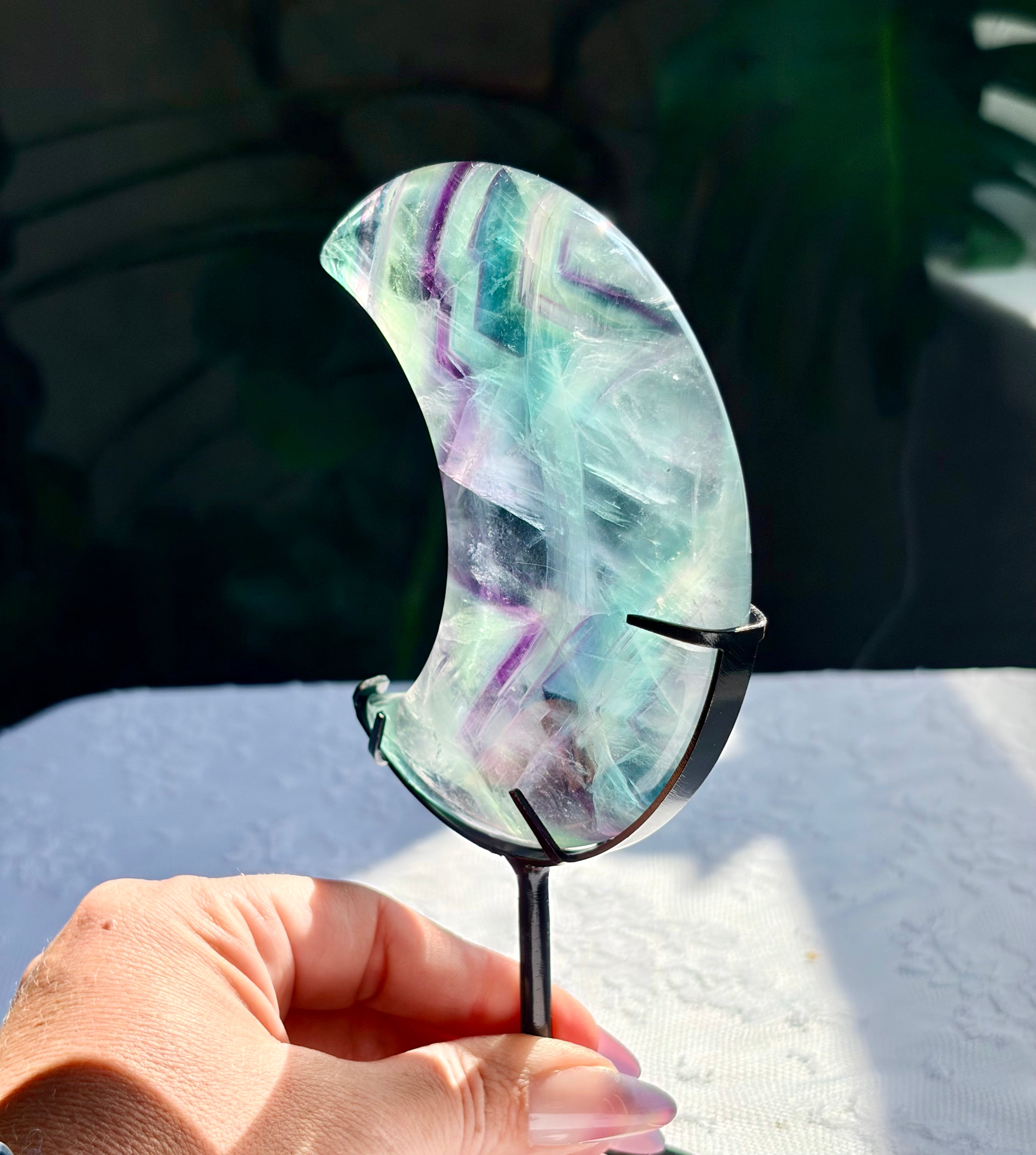 Rainbow Fluorite Moon on Black Stand