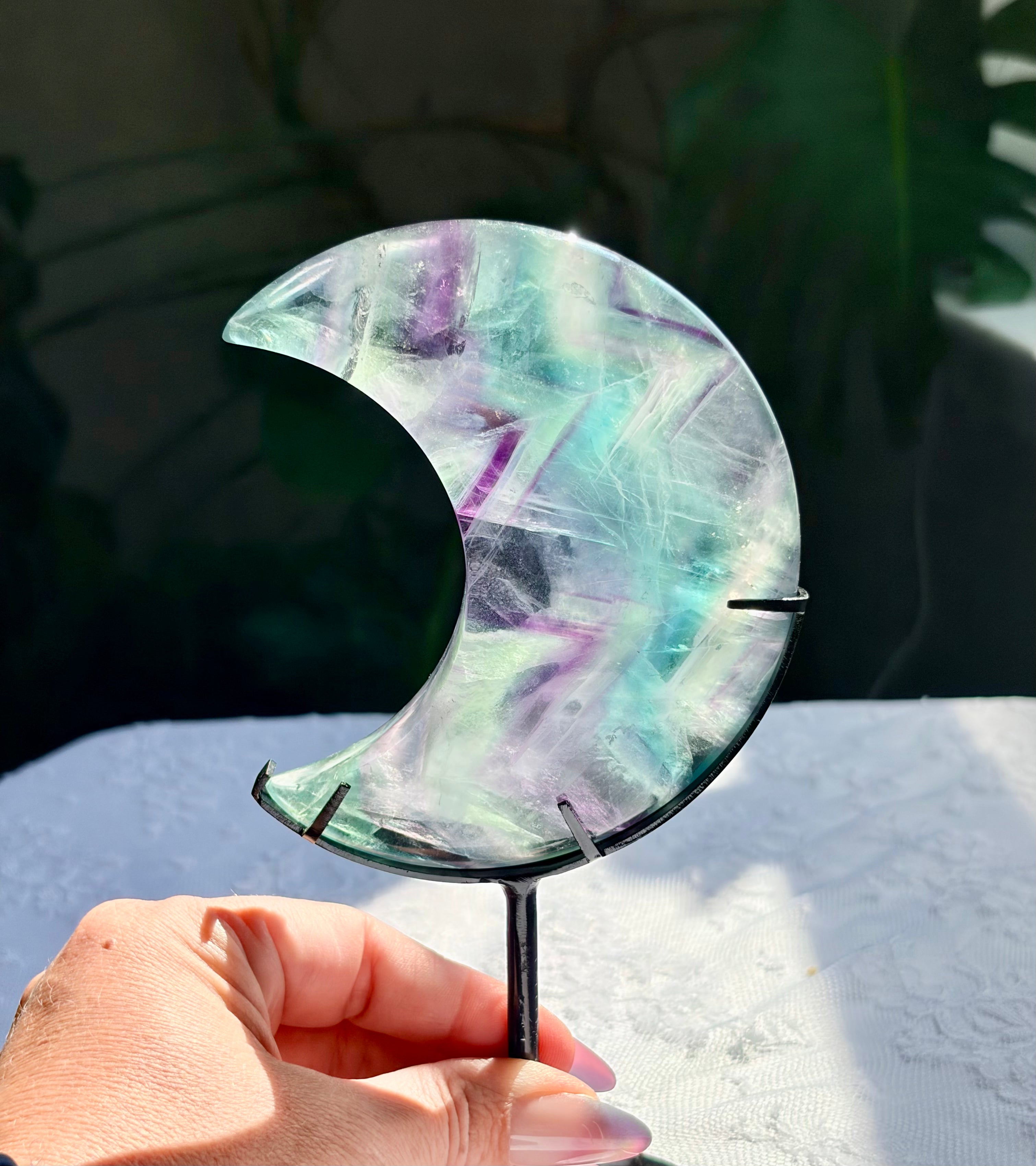 Rainbow Fluorite Moon on Black Stand