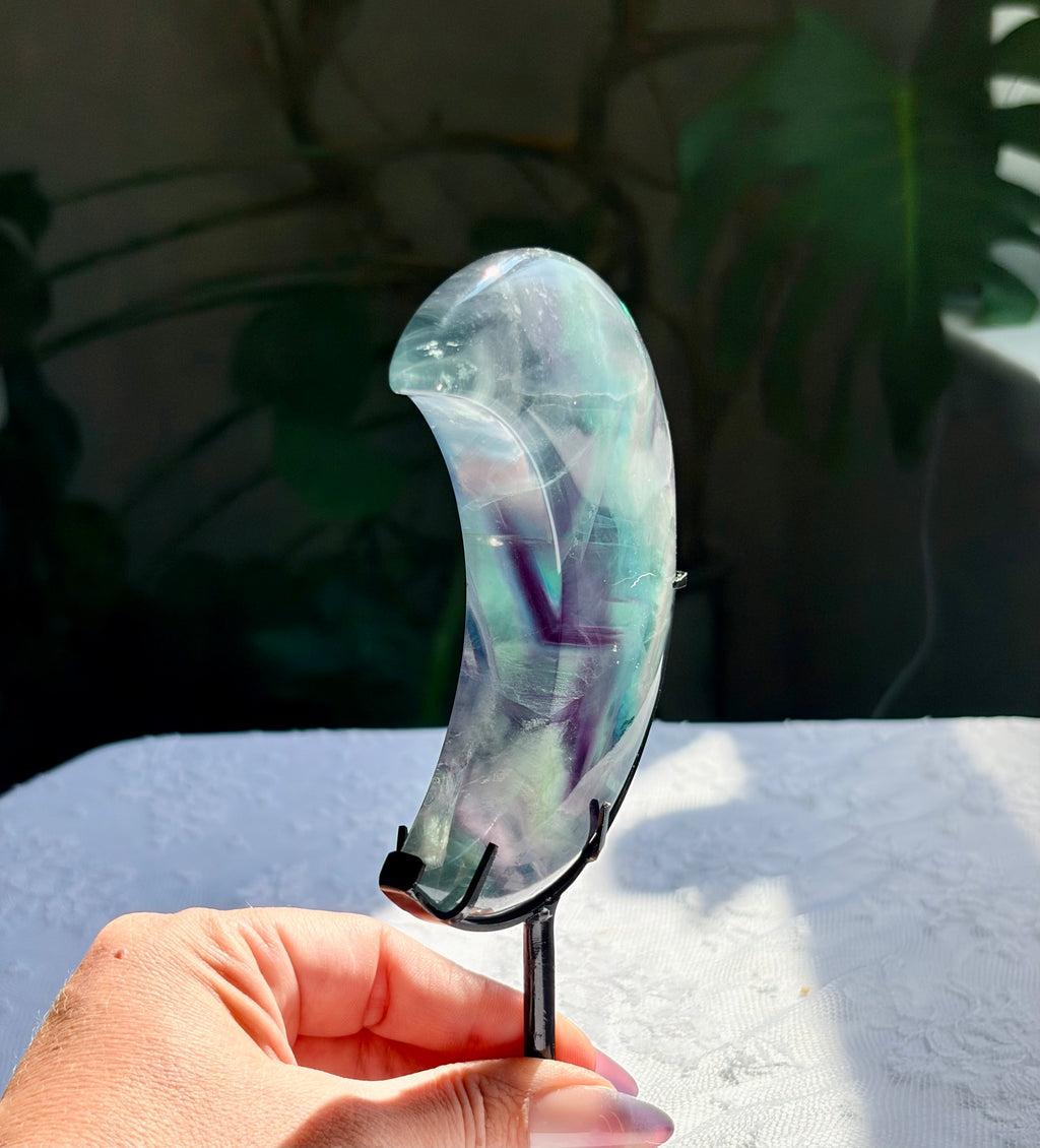 Rainbow Fluorite Moon on Black Stand