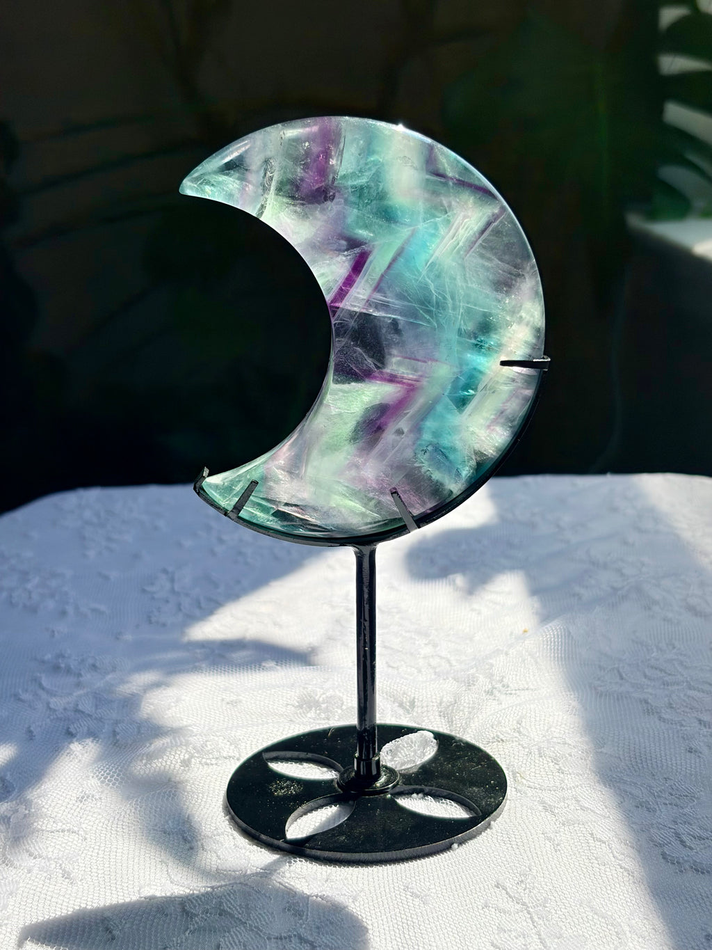 Rainbow Fluorite Moon on Black Stand