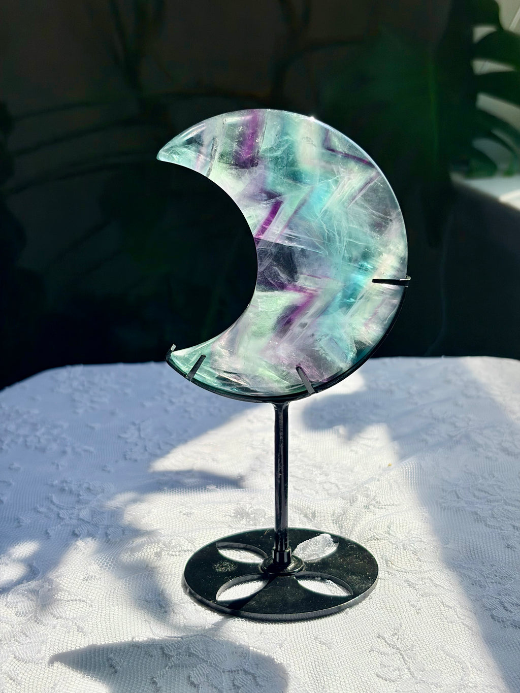 Rainbow Fluorite Moon on Black Stand