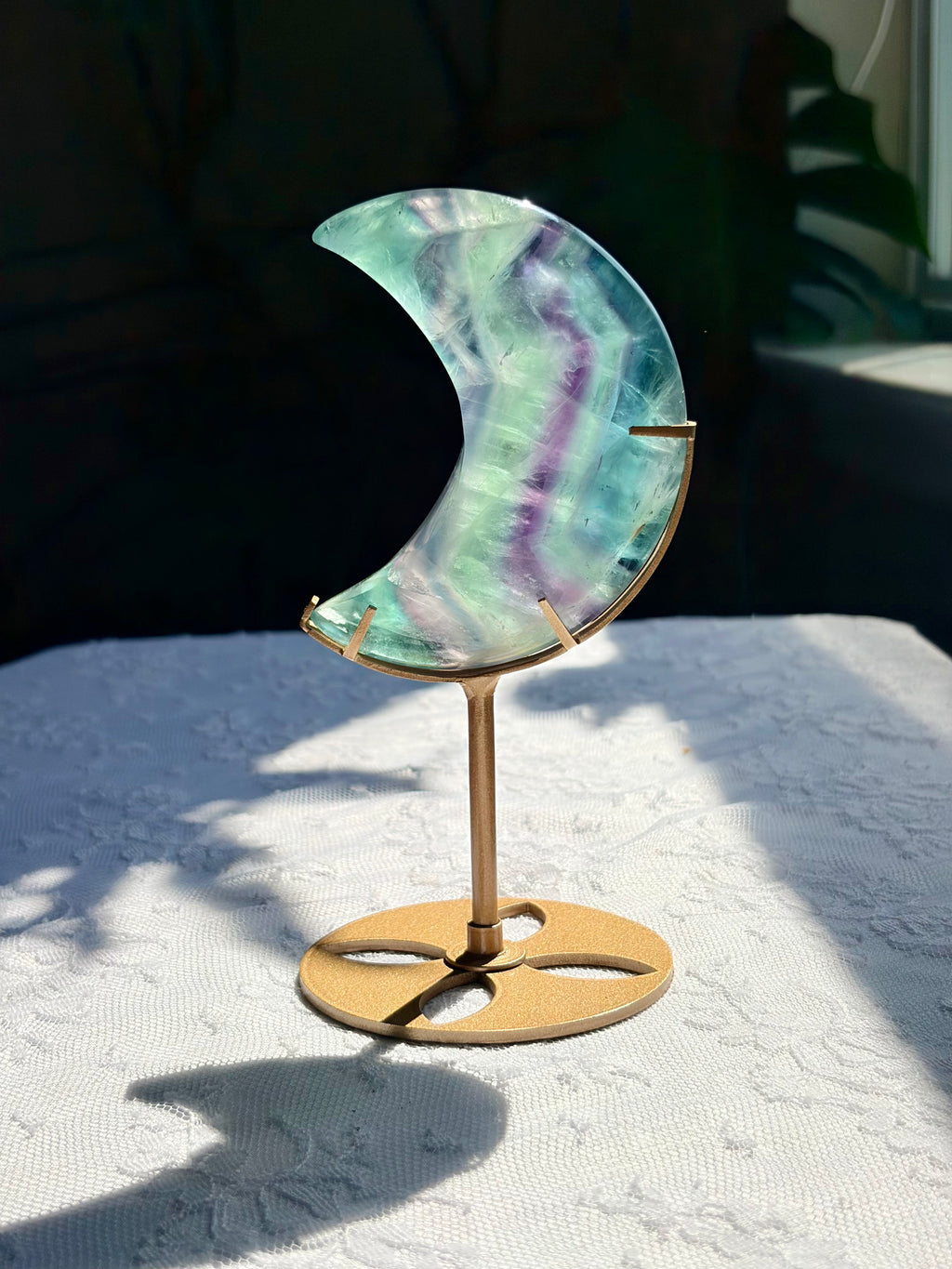 Rainbow Fluorite Moon on Gold Stand