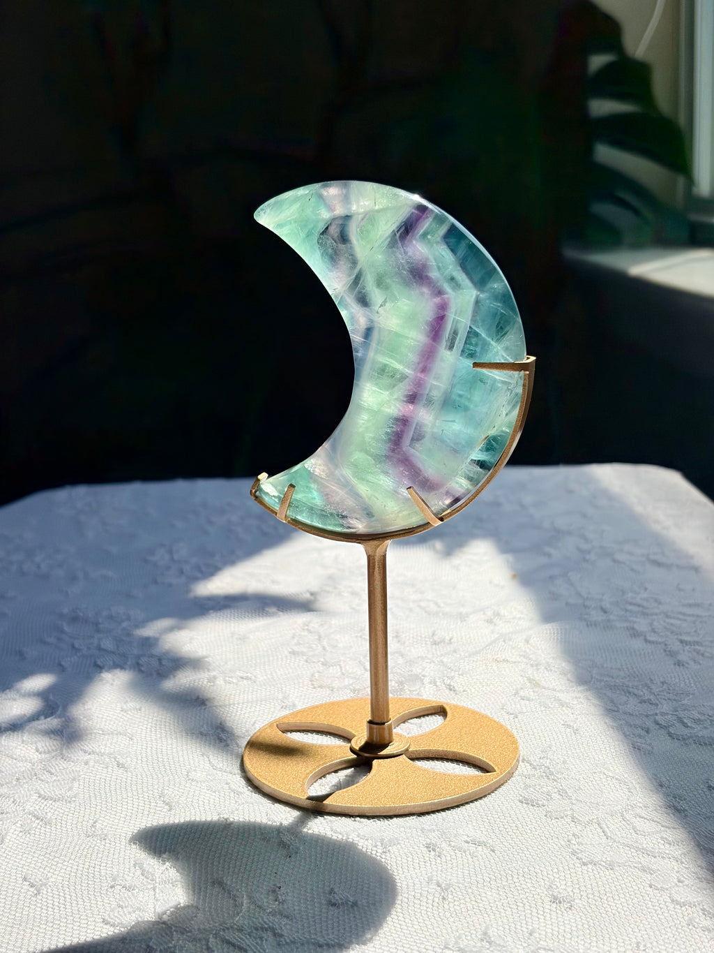 Rainbow Fluorite Moon on Gold Stand