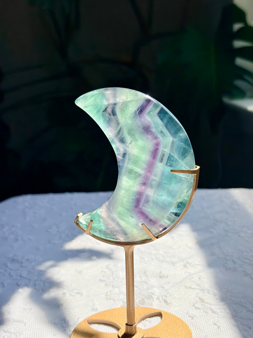 Rainbow Fluorite Moon on Gold Stand
