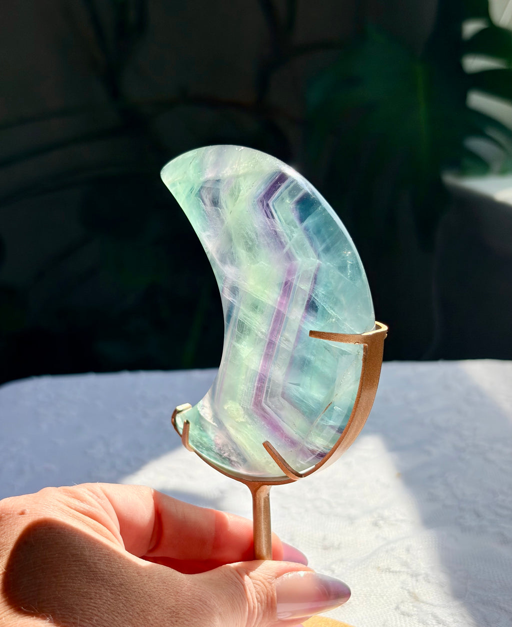 Rainbow Fluorite Moon on Gold Stand