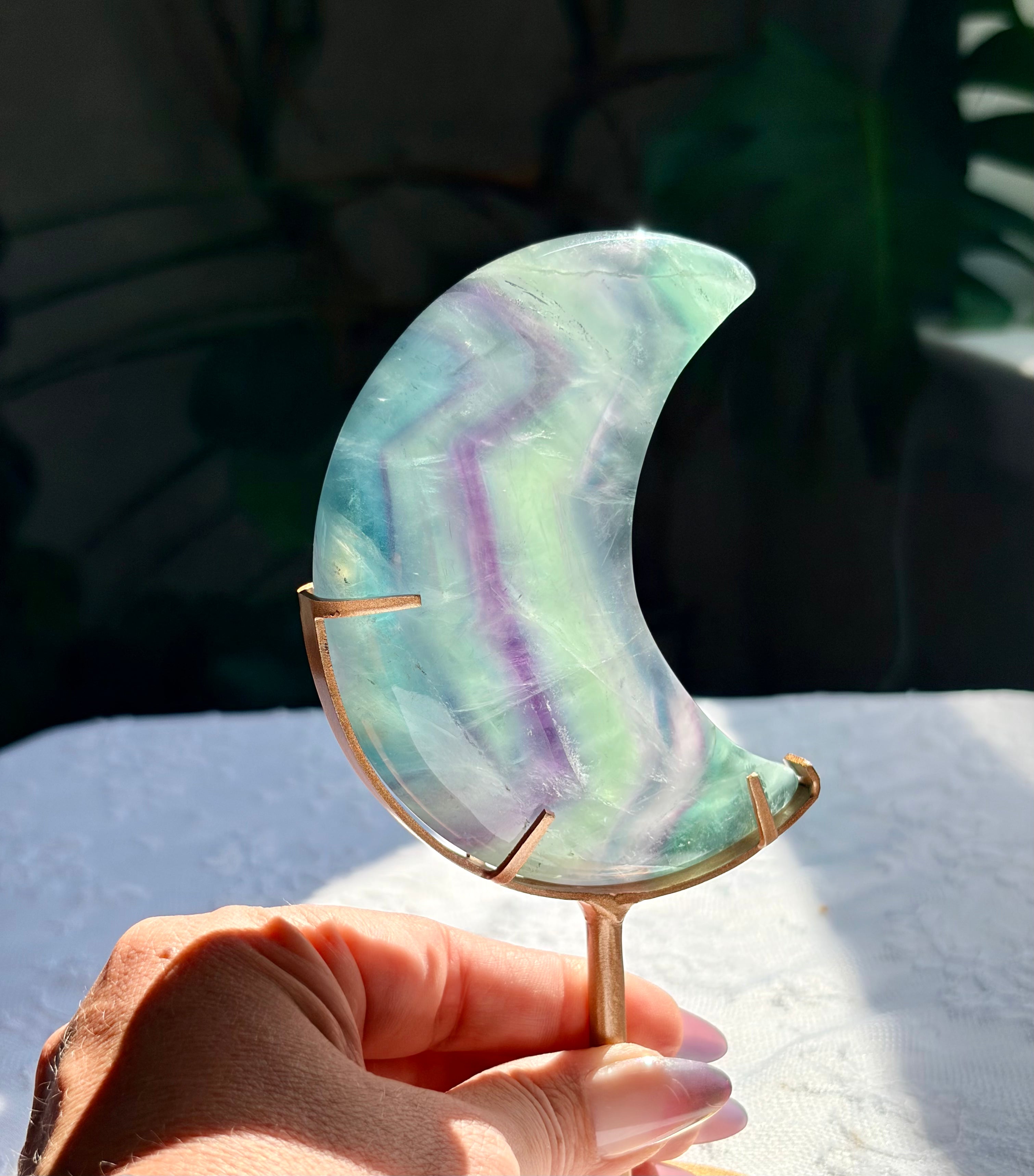 Rainbow Fluorite Moon on Gold Stand