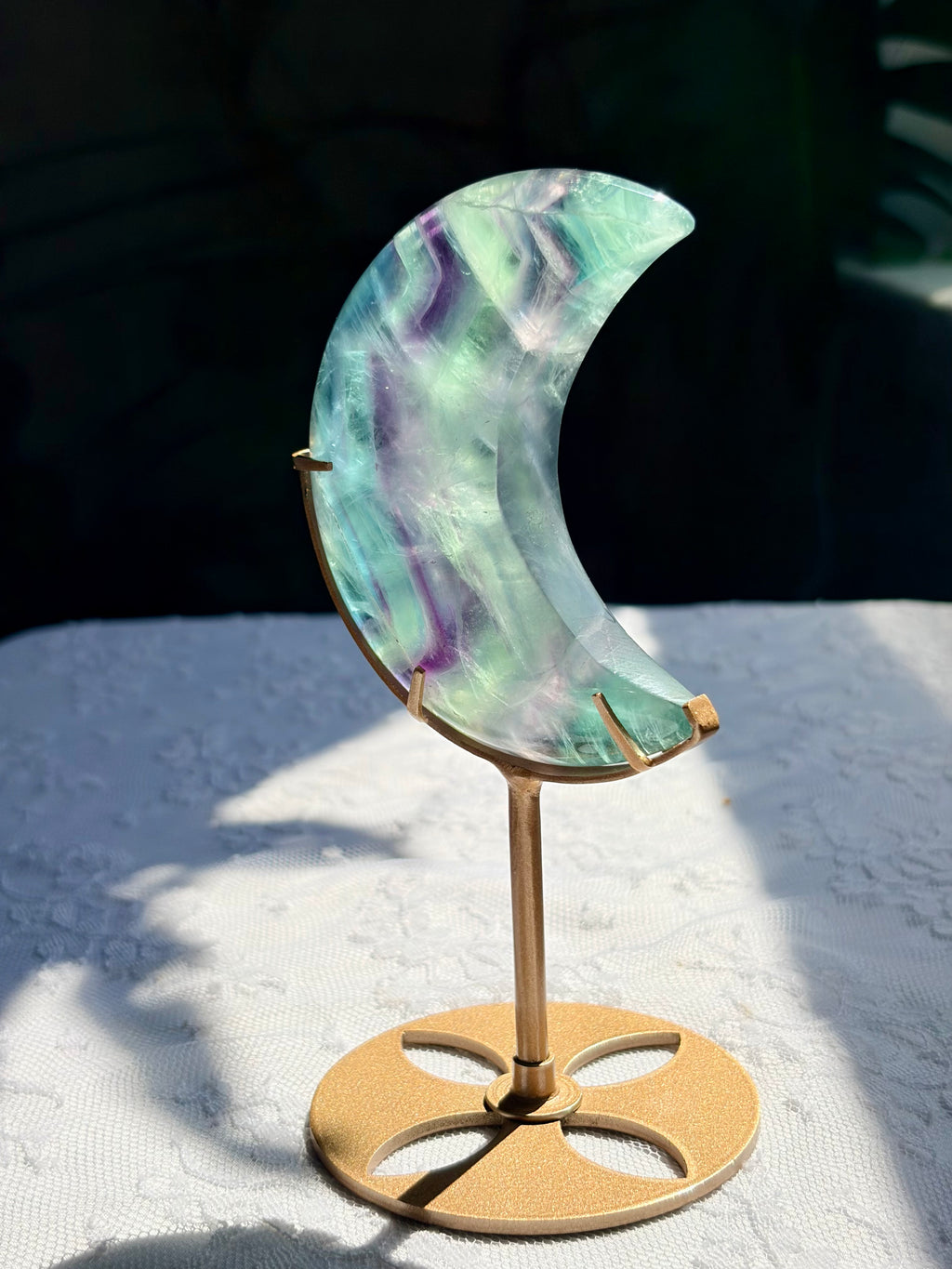 Rainbow Fluorite Moon on Gold Stand