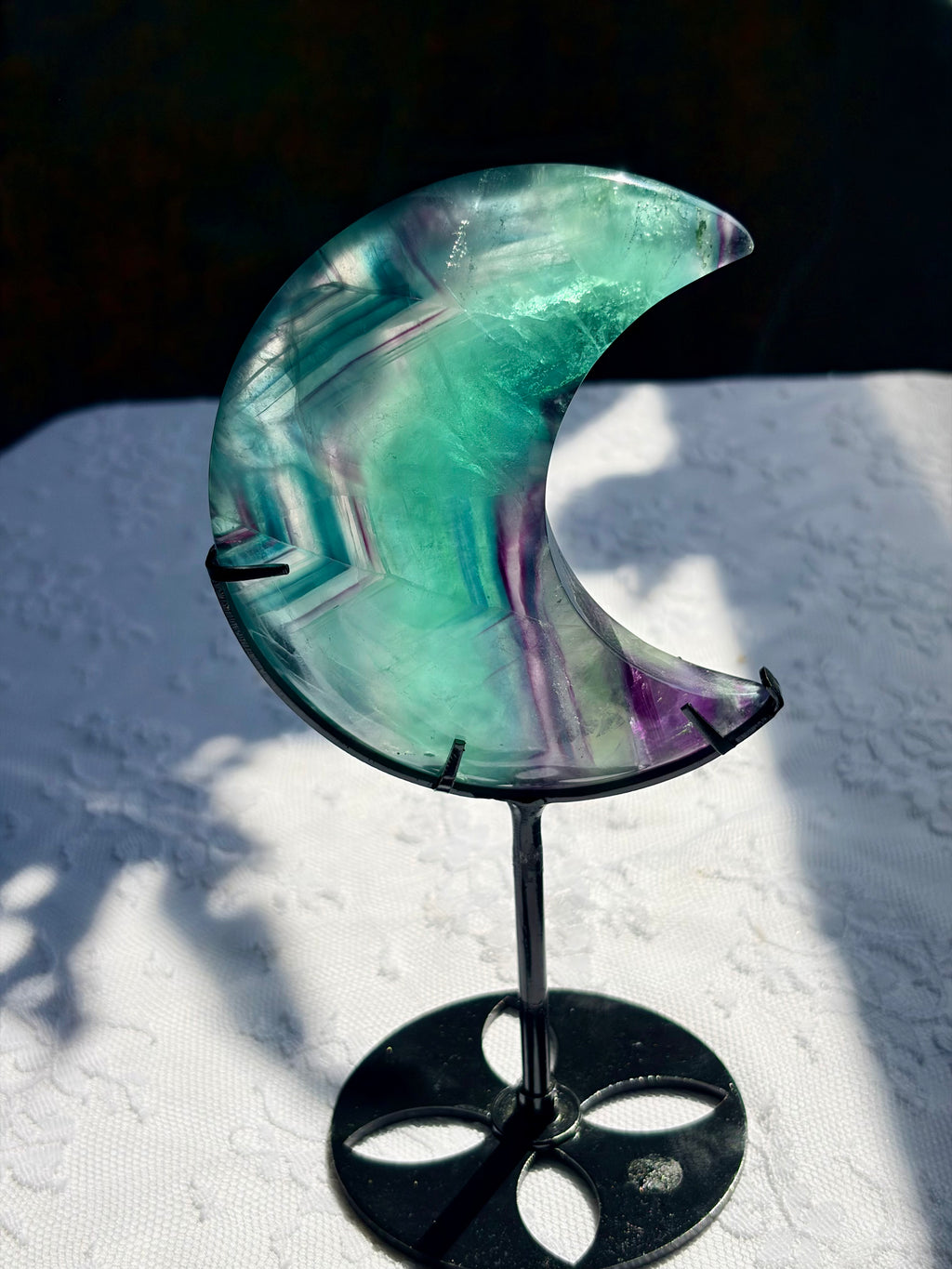 Rainbow Fluorite Moon on Black Stand