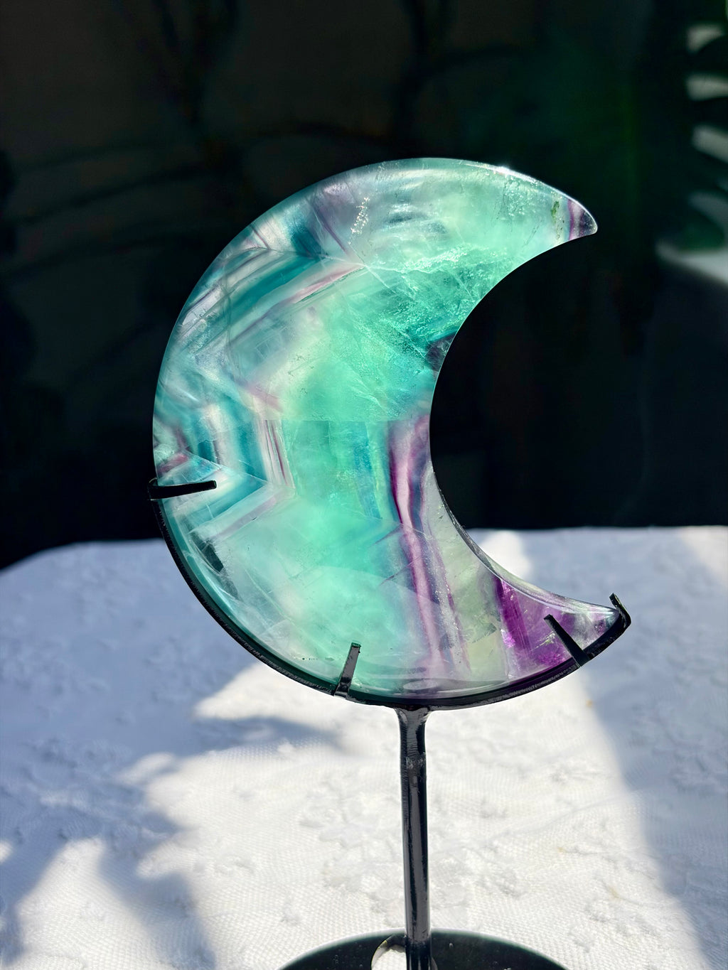 Rainbow Fluorite Moon on Black Stand