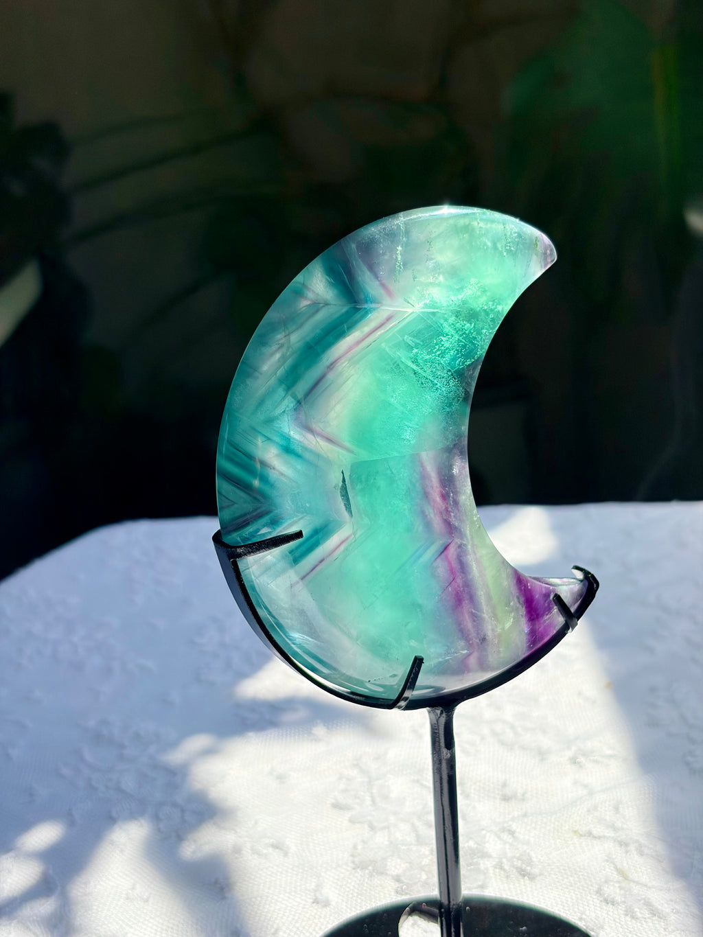 Rainbow Fluorite Moon on Black Stand