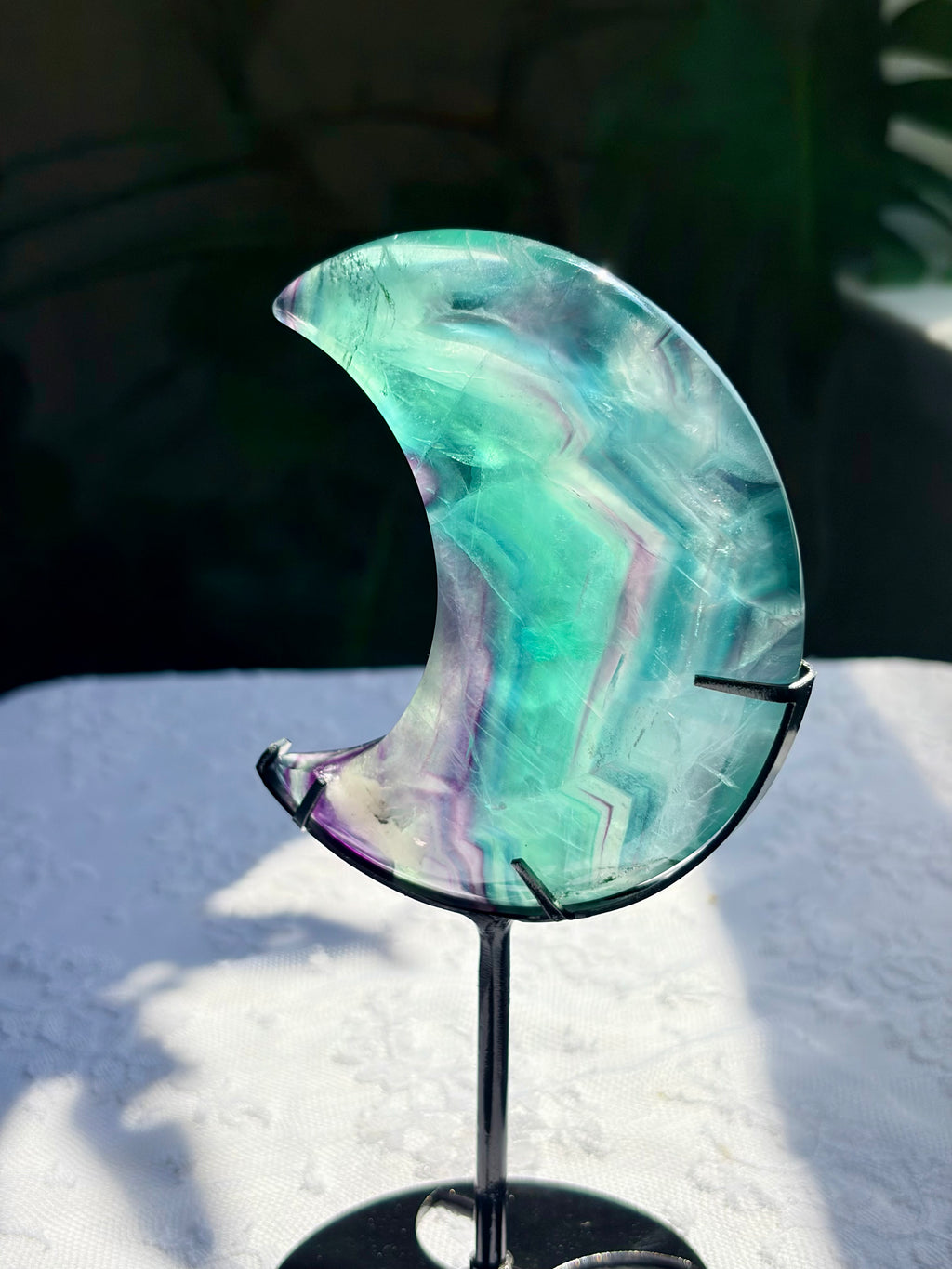 Rainbow Fluorite Moon on Black Stand