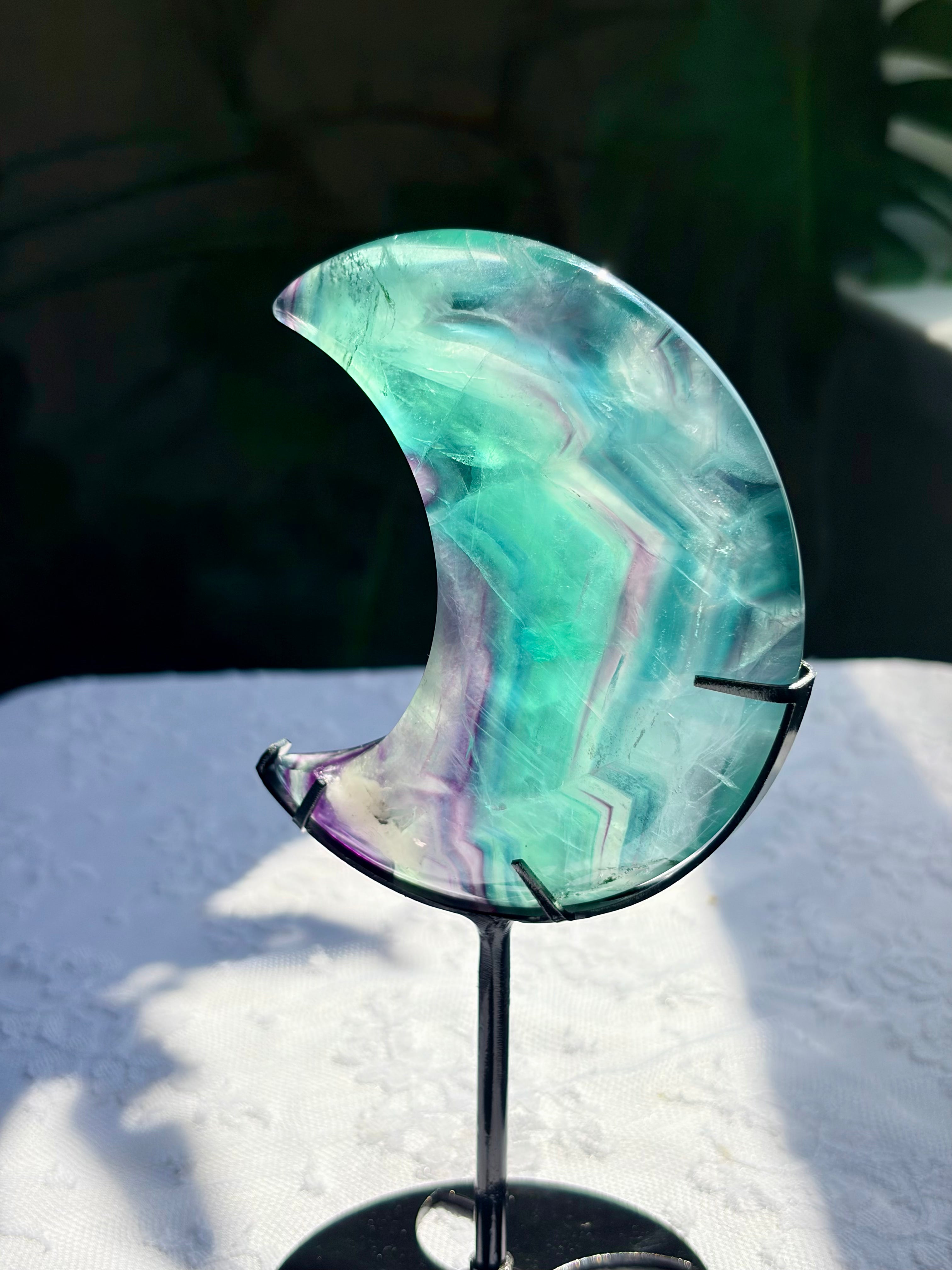 Rainbow Fluorite Moon on Black Stand