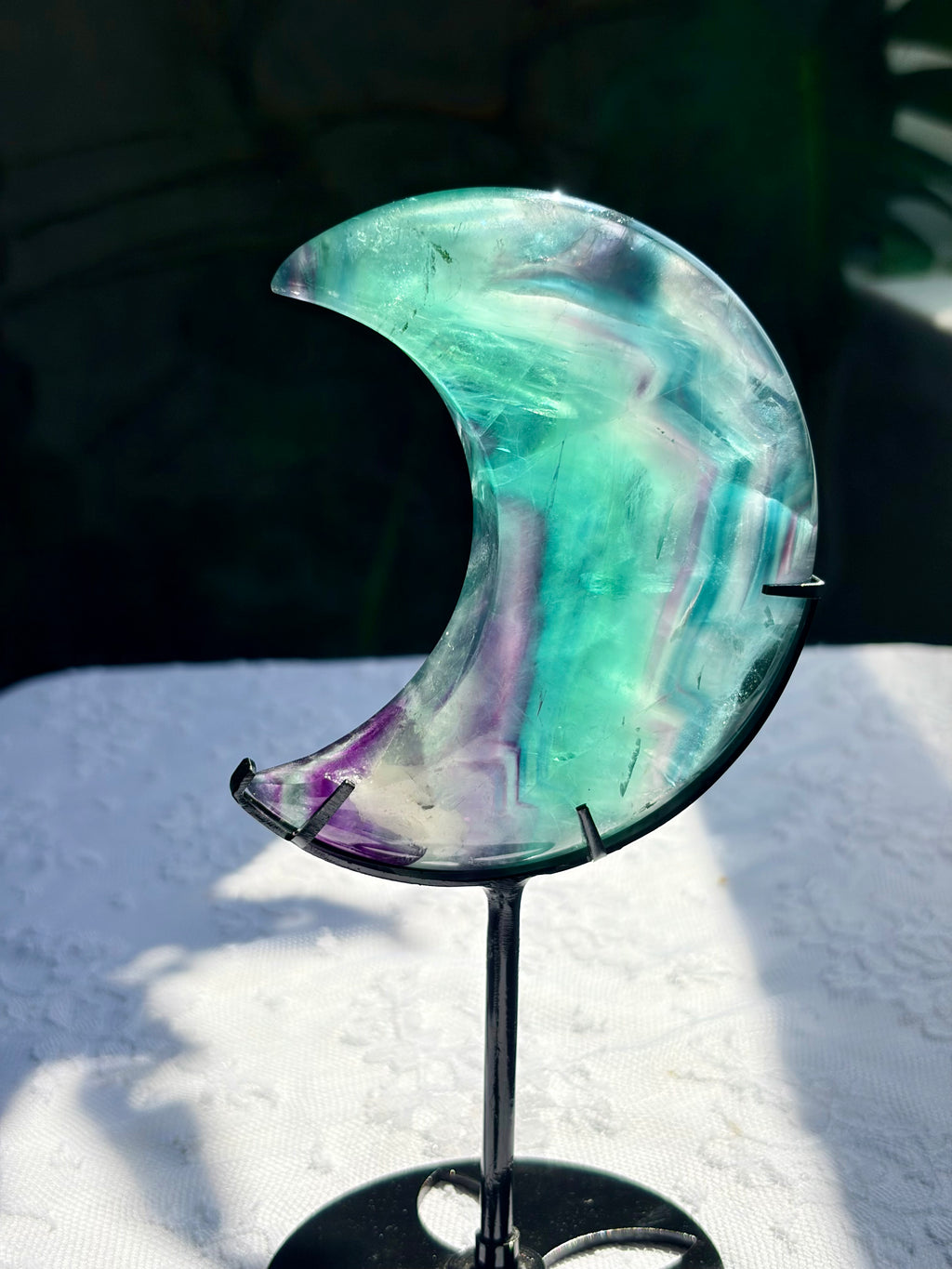 Rainbow Fluorite Moon on Black Stand