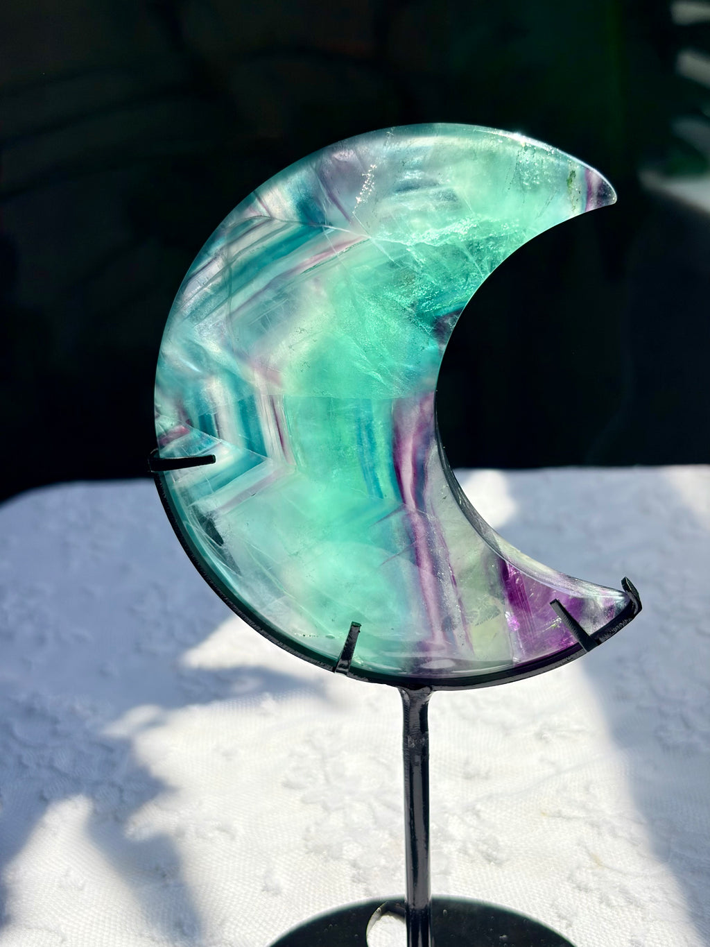 Rainbow Fluorite Moon on Black Stand