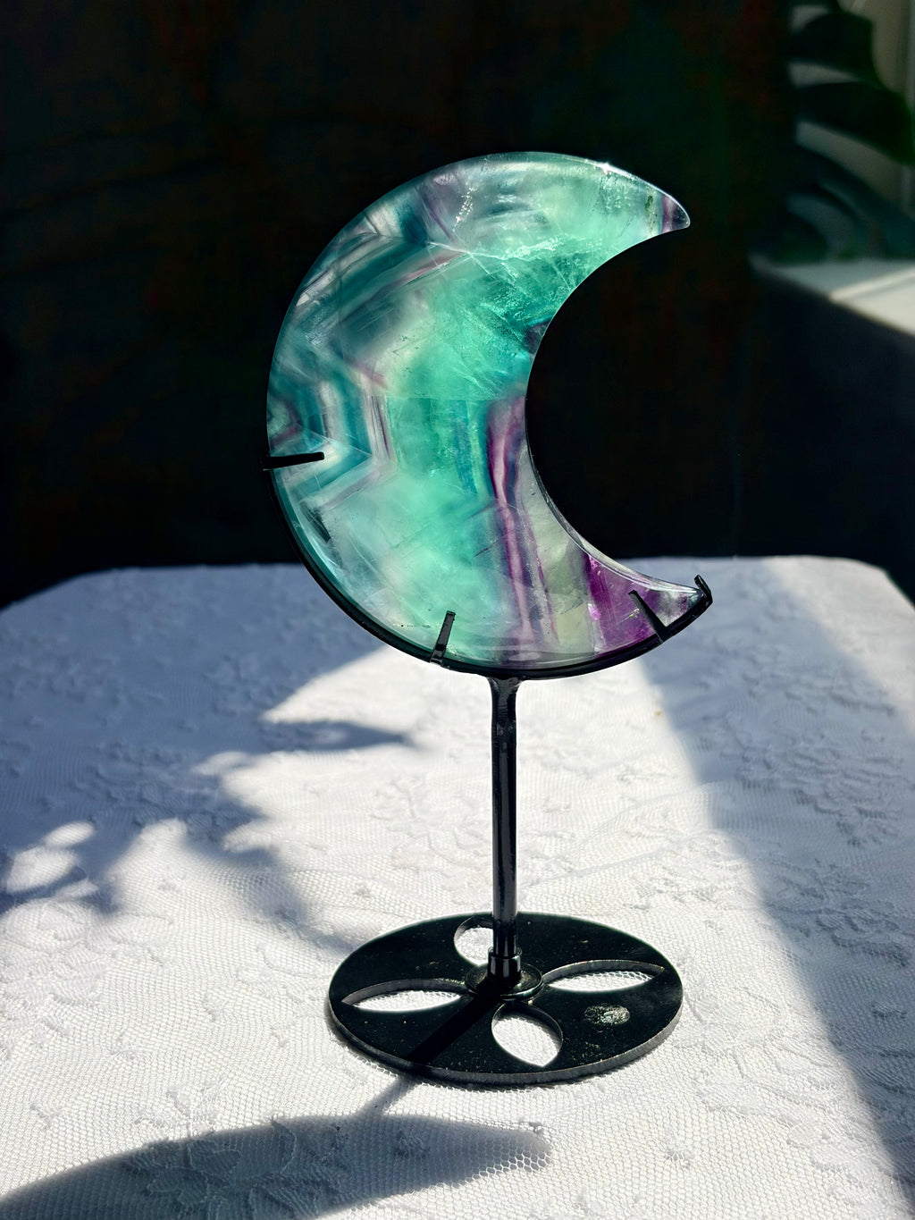 Rainbow Fluorite Moon on Black Stand
