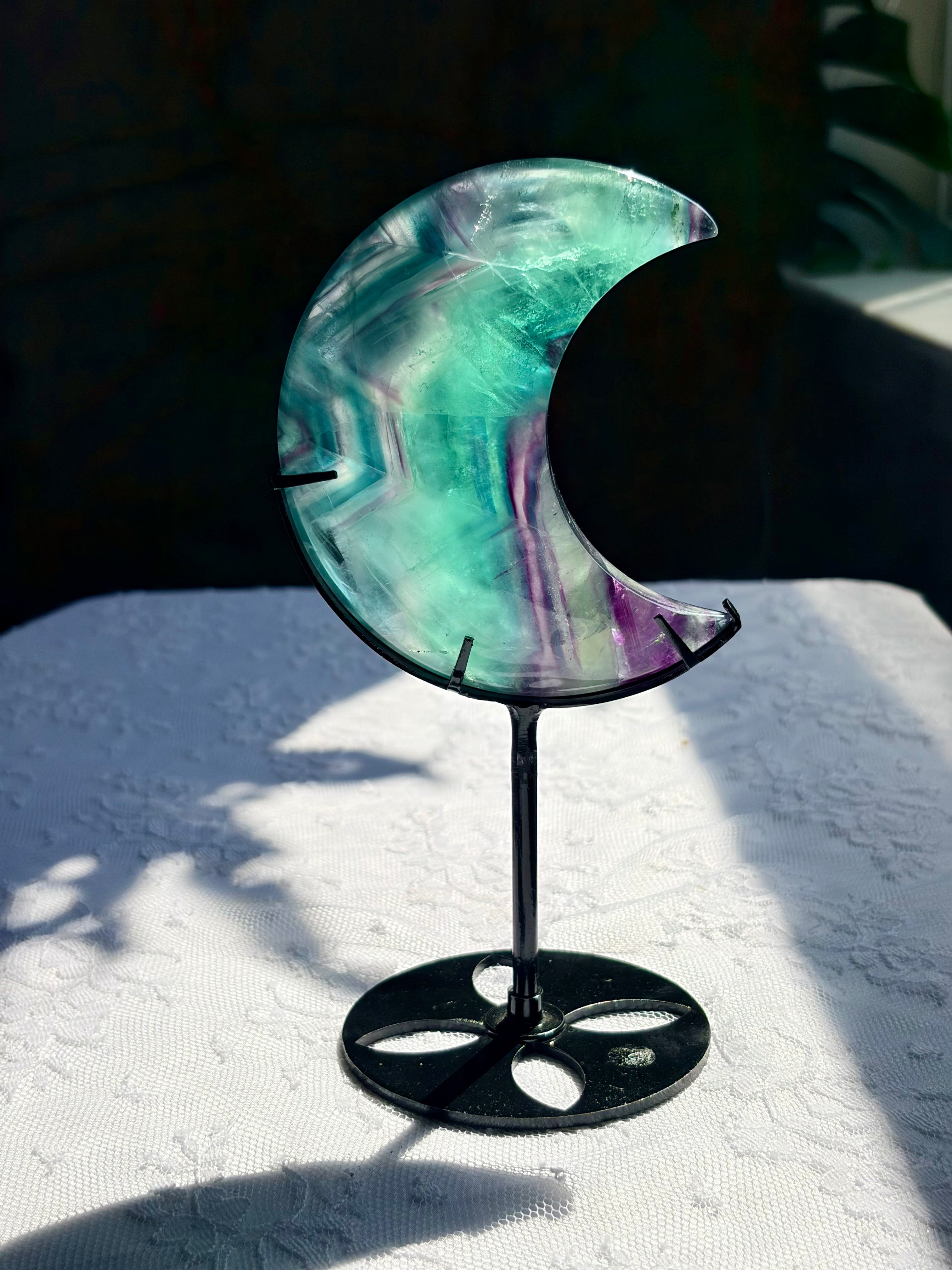 Rainbow Fluorite Moon on Black Stand