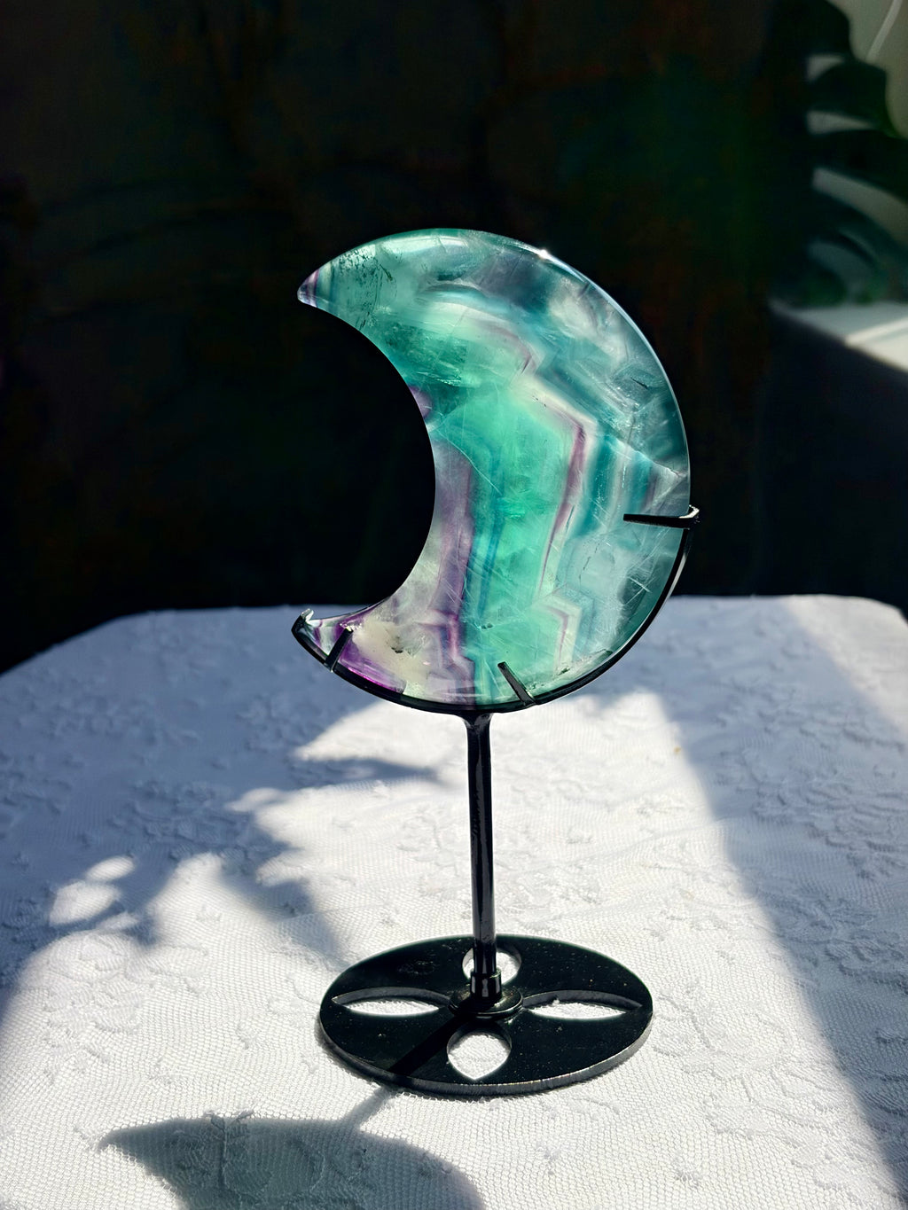 Rainbow Fluorite Moon on Black Stand