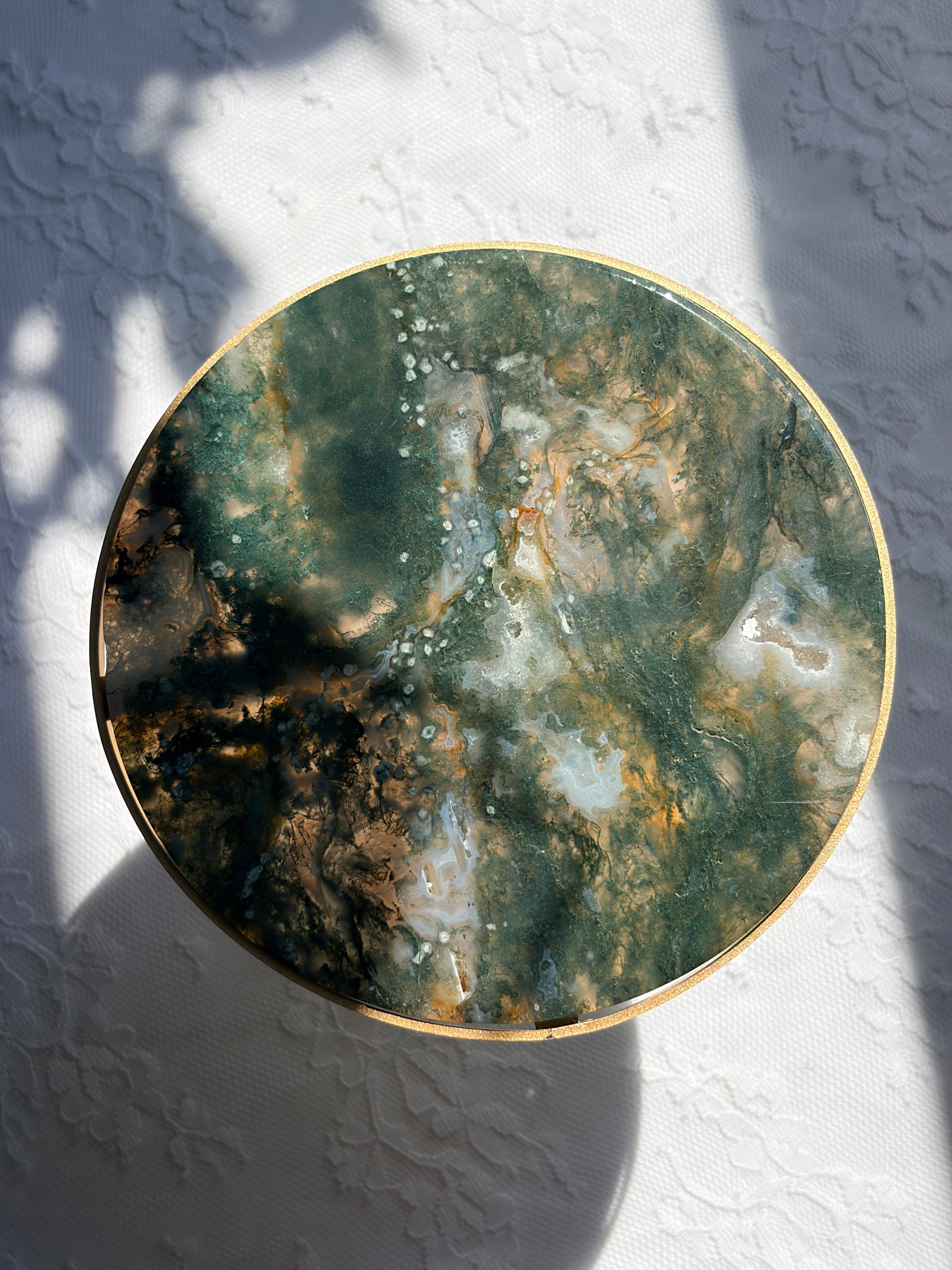 Rotating Moss Agate Display Table on Gold Stand