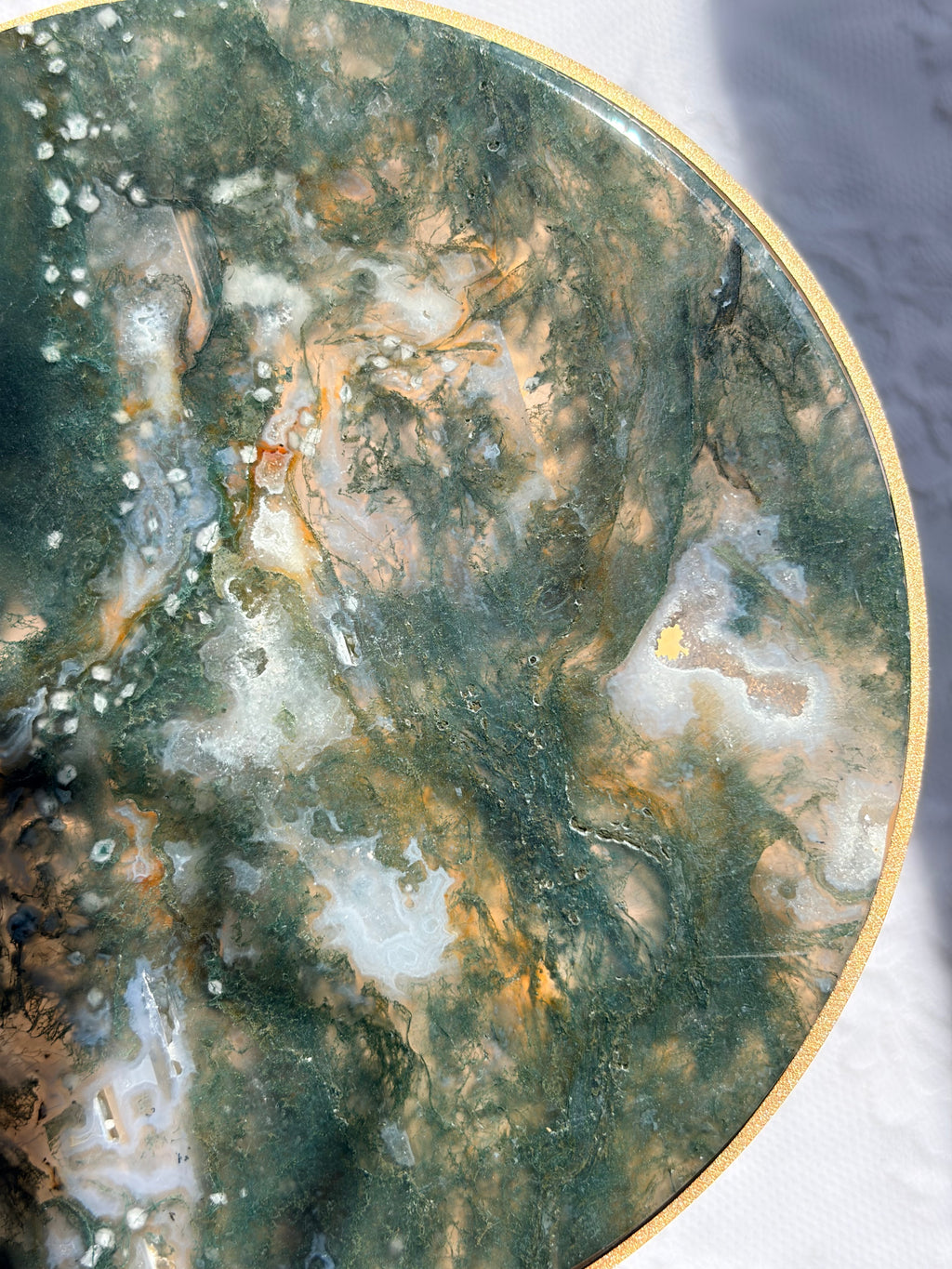 Rotating Moss Agate Display Table on Gold Stand