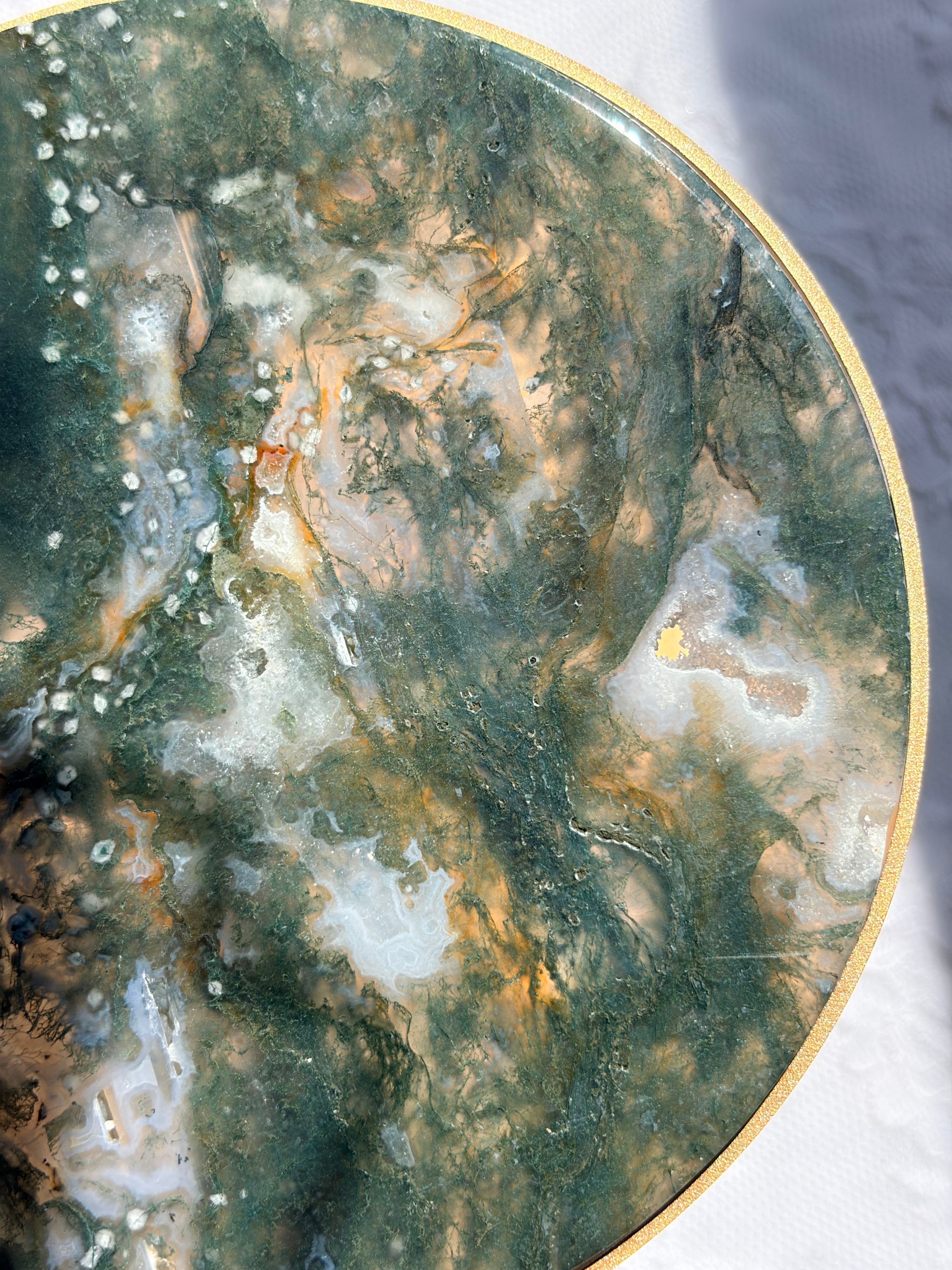 Rotating Moss Agate Display Table on Gold Stand