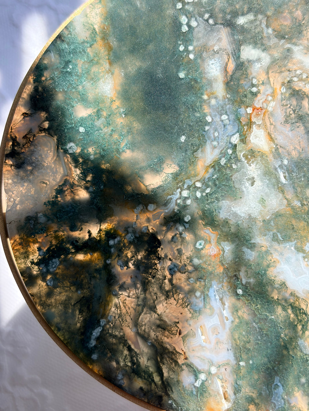 Rotating Moss Agate Display Table on Gold Stand