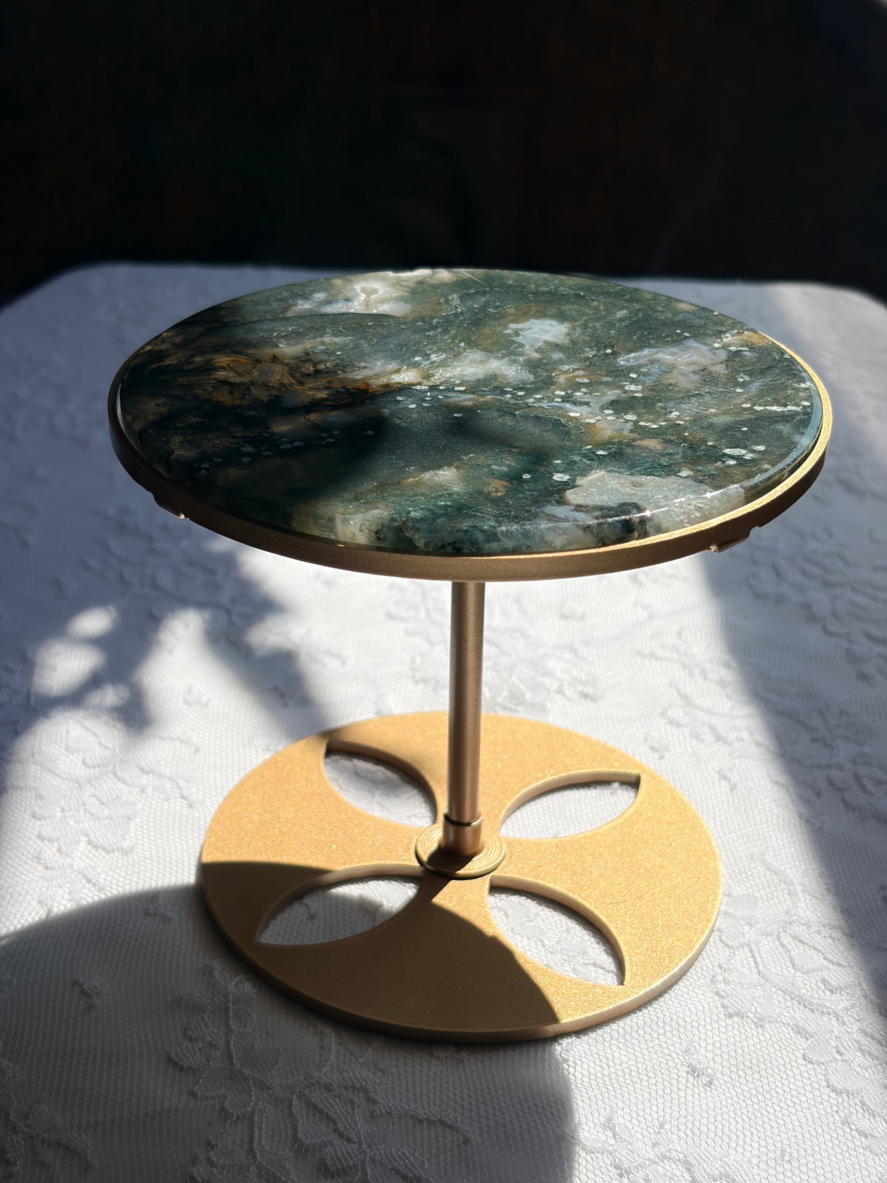 Rotating Moss Agate Display Table on Gold Stand