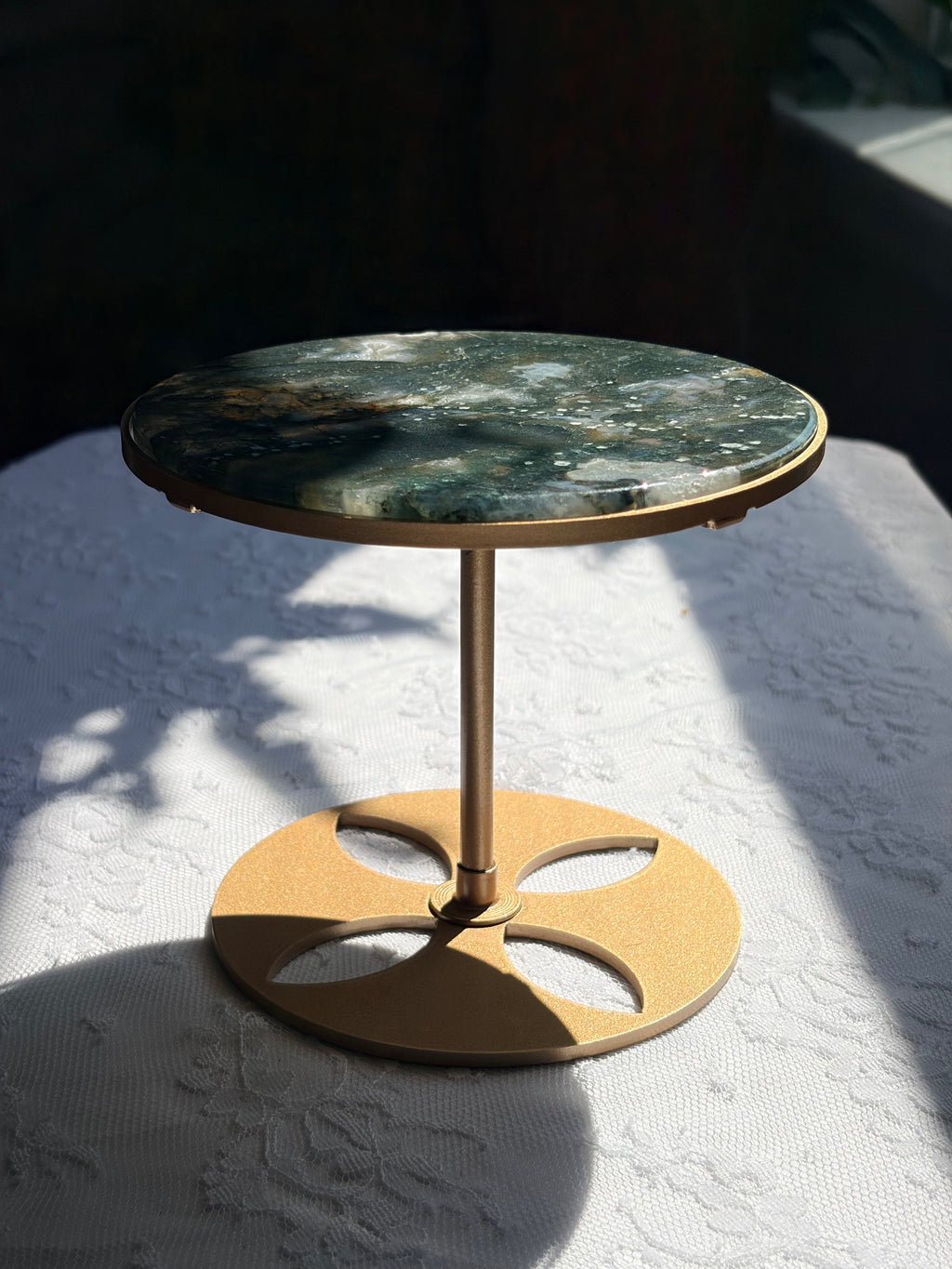 Rotating Moss Agate Display Table on Gold Stand