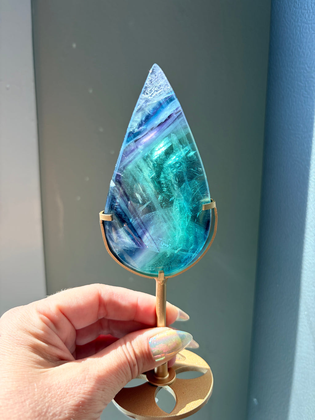 Rainbow Fluorite Teardrop on Gold Stand