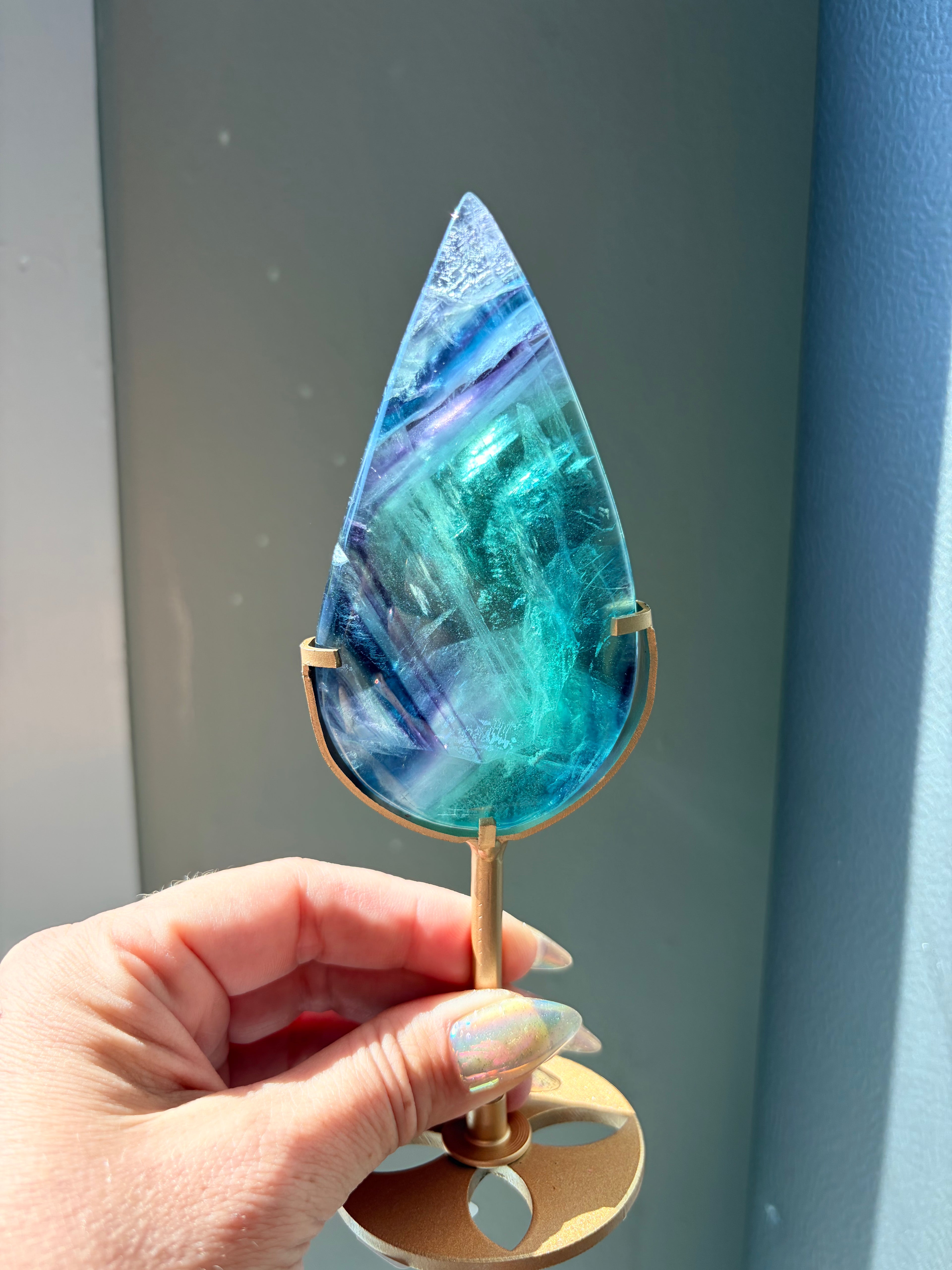 Rainbow Fluorite Teardrop on Gold Stand
