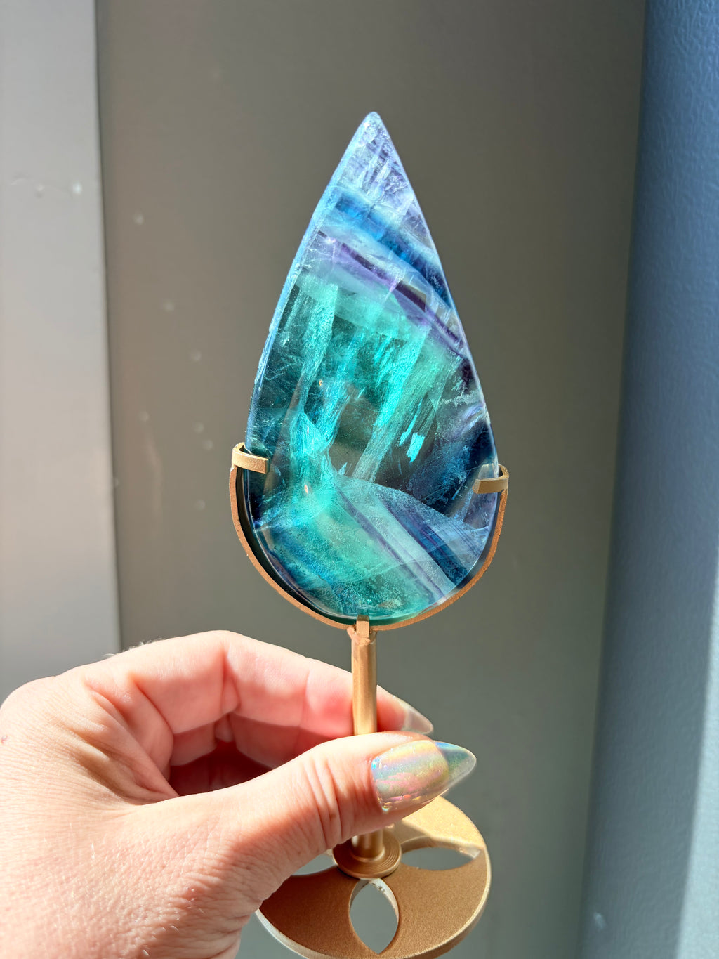 Rainbow Fluorite Teardrop on Gold Stand